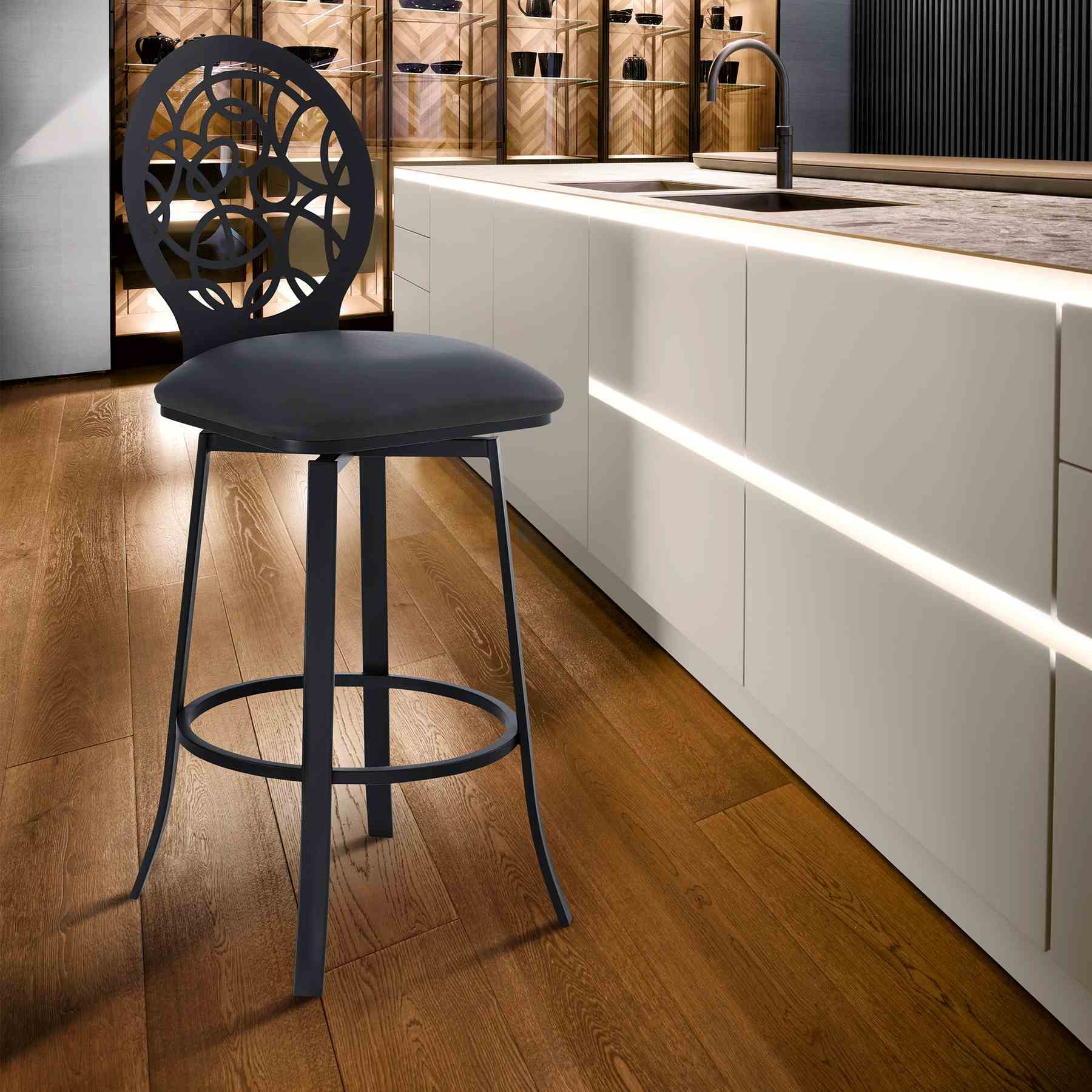 Lotus Contemporary 30" Bar Height Barstool in Matte Black Finish and Gray Faux Leather - Image 7