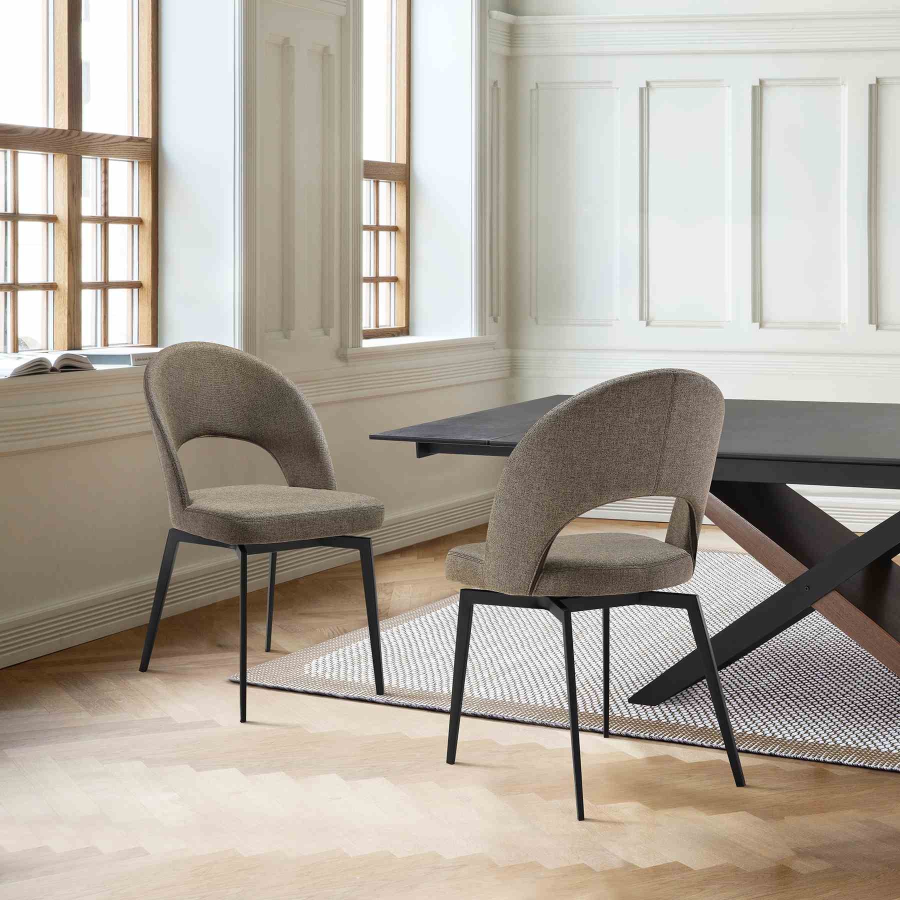 Lucia Swivel Upholstered Dining Chair in Brown Fabric with Black Metal Legs - Set of 2 - Image 10