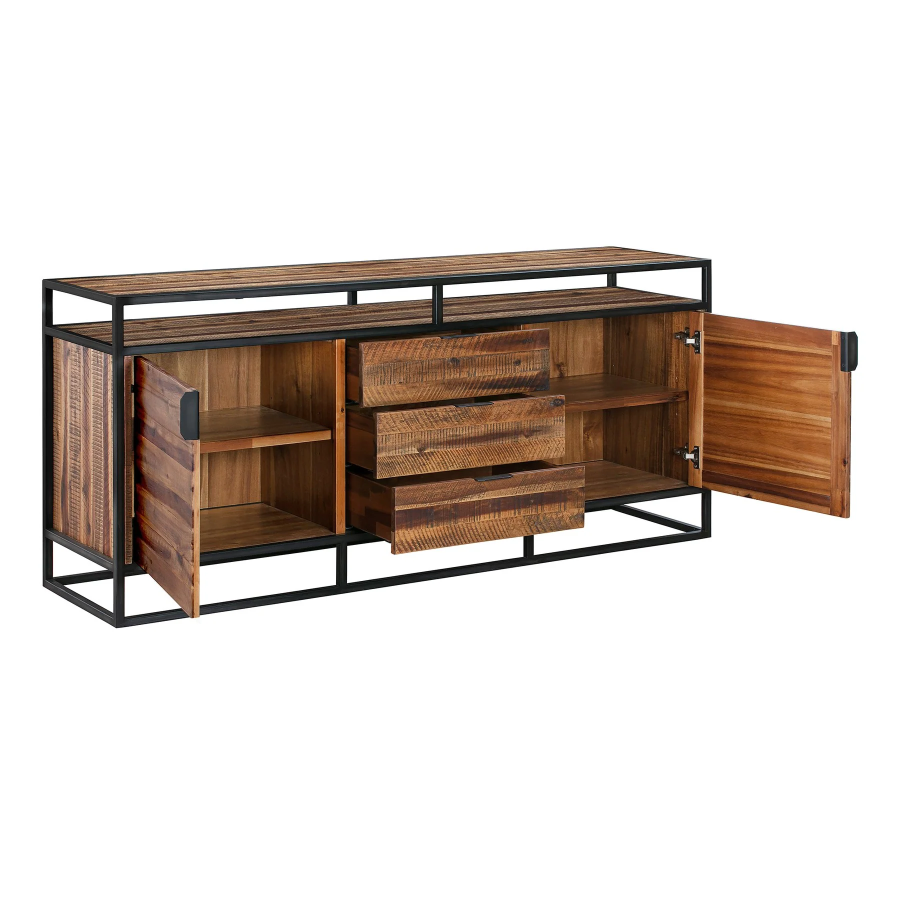 Ludgate 3 Drawer Sideboard Buffet in Acacia and Black Metal - Image 3