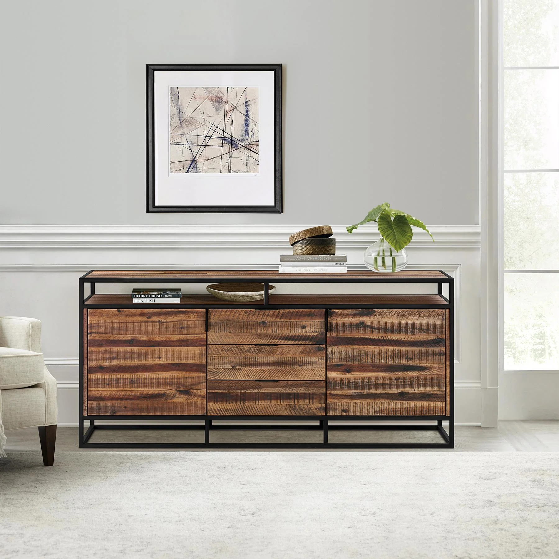 Ludgate 3 Drawer Sideboard Buffet in Acacia and Black Metal - Image 8