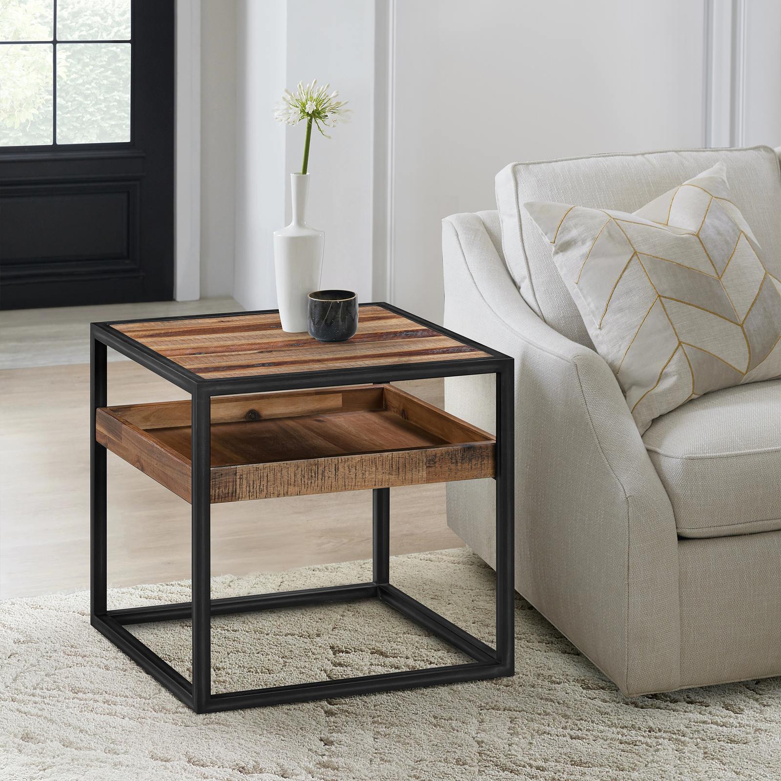 Ludgate Square End Table with Shelf in Acacia and Black Metal - Image 6