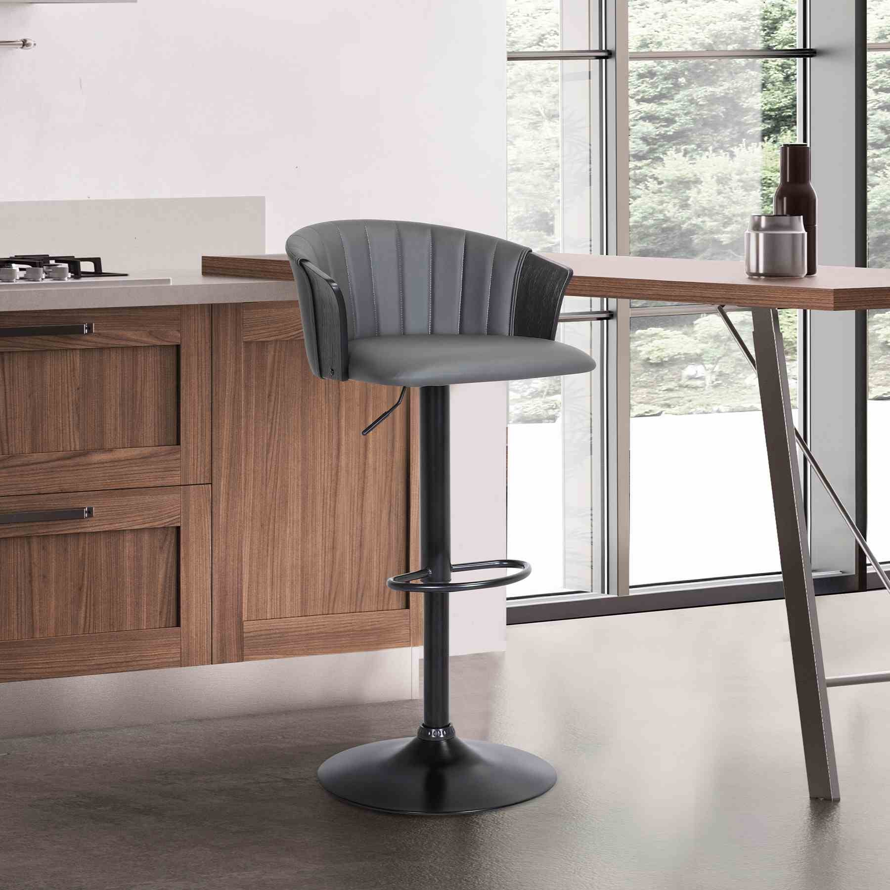 Lydia Adjustable Black Wood Bar Stool in Gray Faux Leather with Black Metal - Image 10