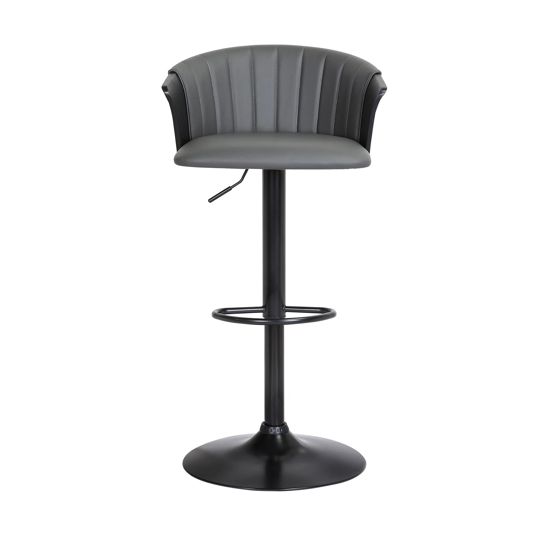 Lydia Adjustable Black Wood Bar Stool in Gray Faux Leather with Black Metal - Image 2
