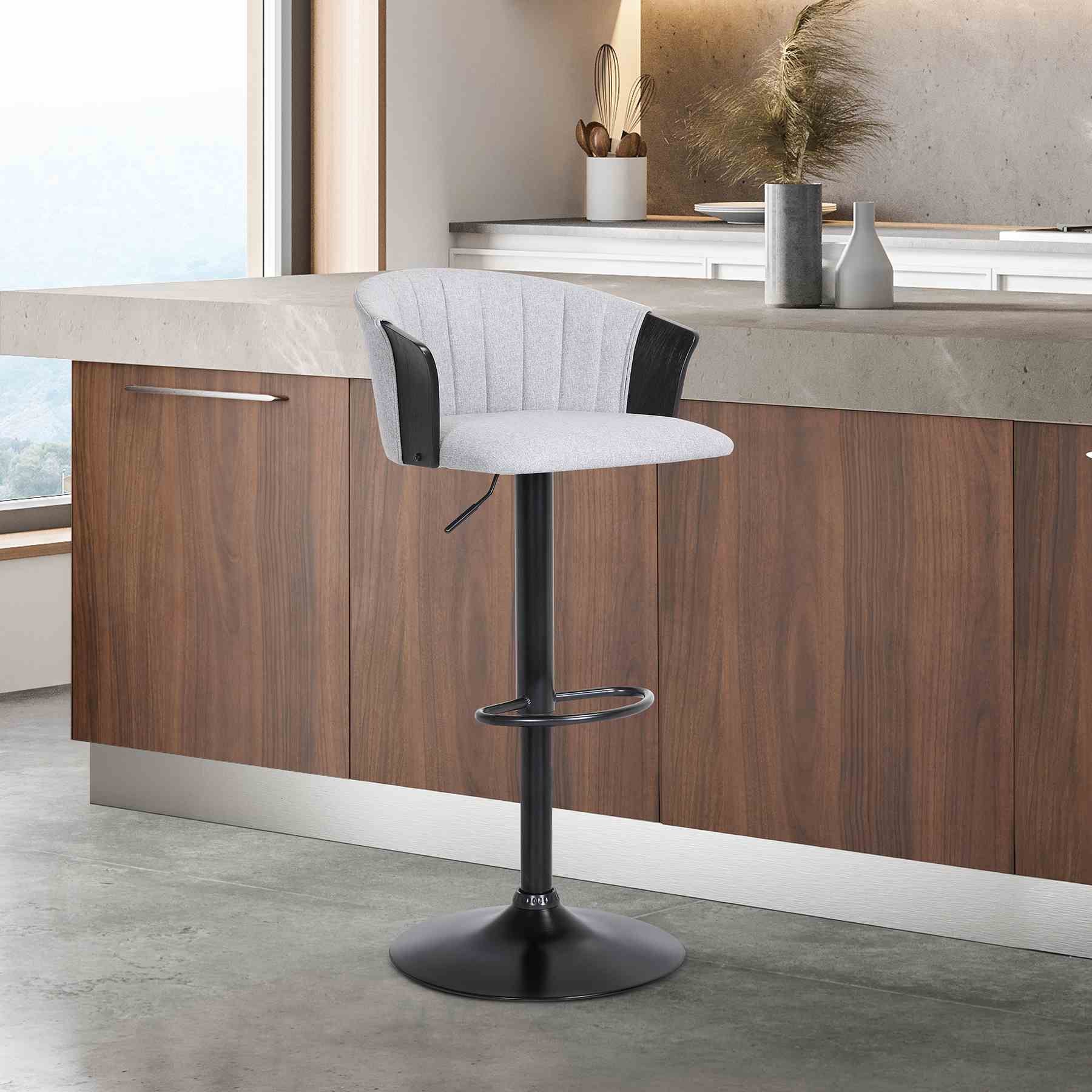 Lydia Adjustable Black Wood Bar Stool in Light Gray Fabric with Black Metal - Image 10