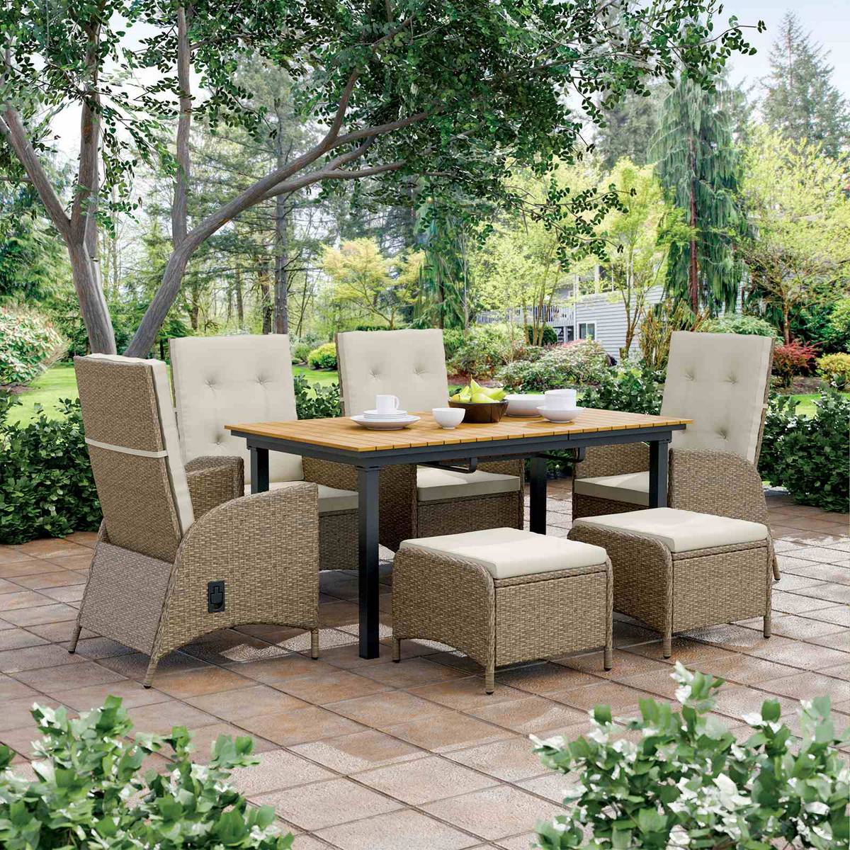 Mackay 2 Reclining Chairs + 2 Ottomans, Beige/Natural Teak - Image 4