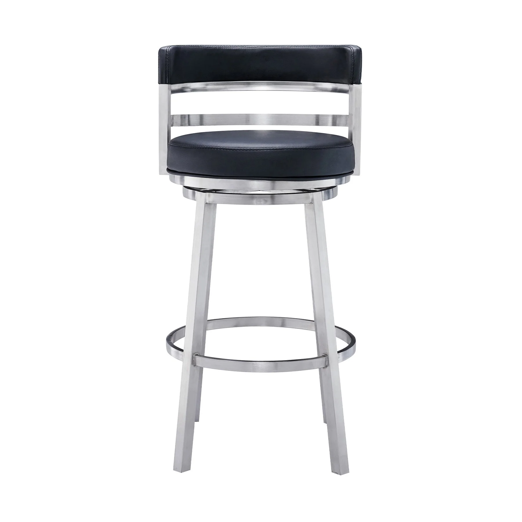 Madrid 26" Counter Height Swivel Black Faux Leather and Brushed Stainless Steel Bar Stool - Image 2
