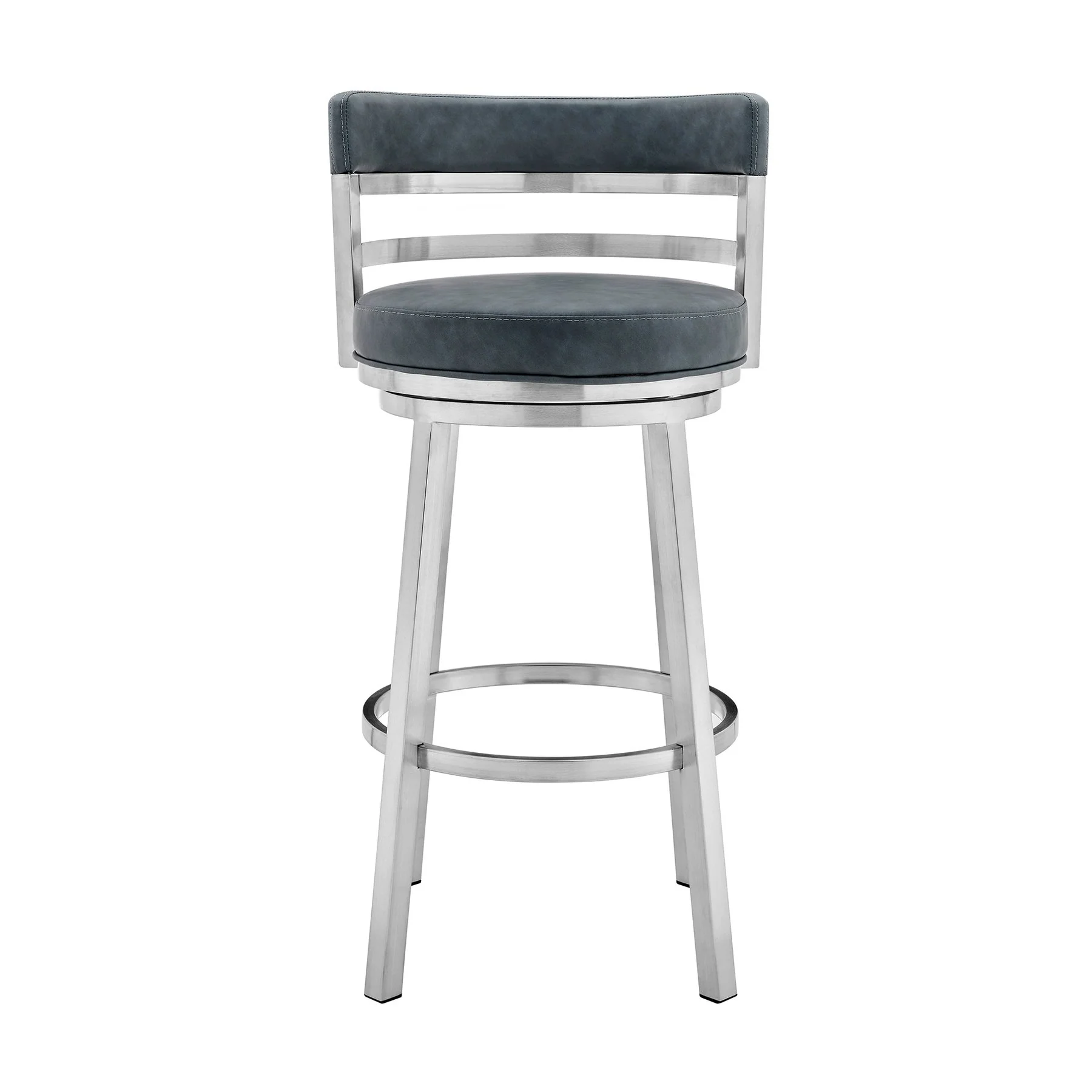 Madrid 26" Counter Height Swivel Blue Faux Leather and Brushed Stainless Steel Bar Stool - Image 2