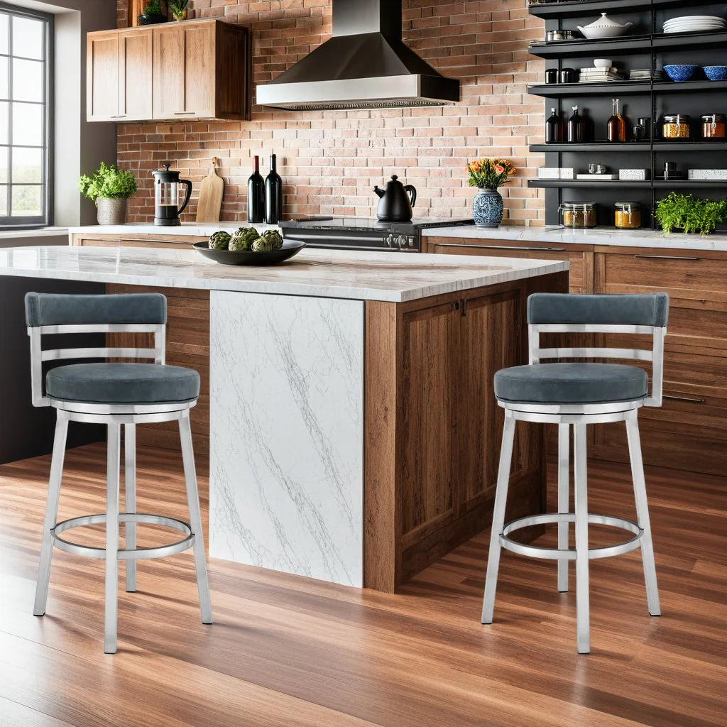 Madrid 26" Counter Height Swivel Blue Faux Leather and Brushed Stainless Steel Bar Stool - Image 7