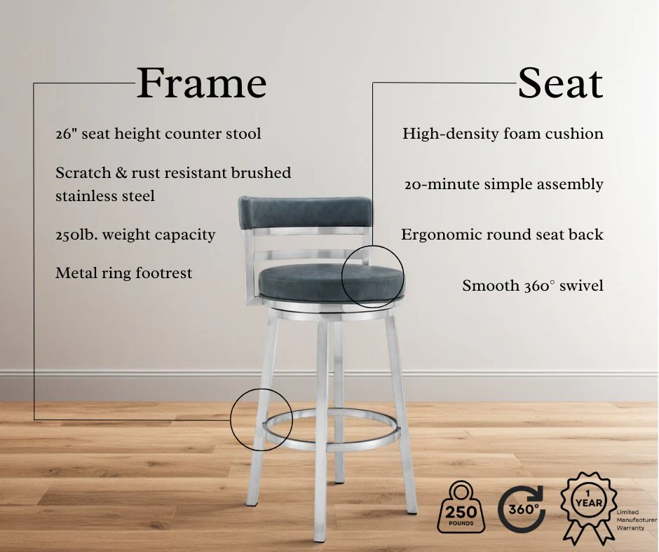 Madrid 26" Counter Height Swivel Blue Faux Leather and Brushed Stainless Steel Bar Stool - Image 8