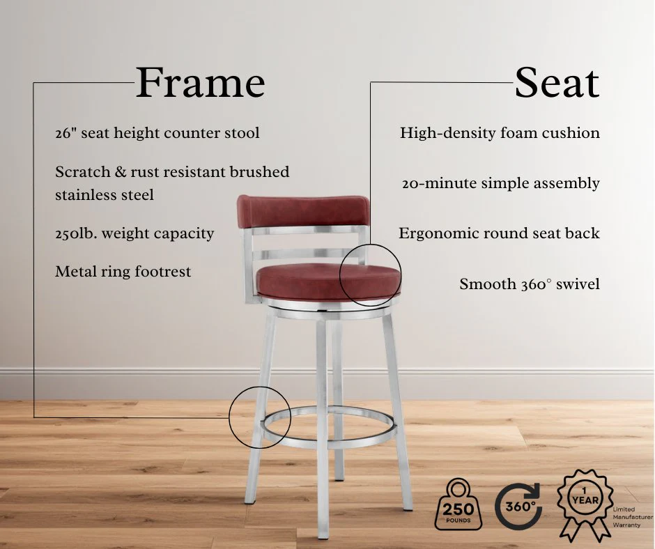 Madrid 26" Counter Height Swivel Red Faux Leather and Brushed Stainless Steel Bar Stool - Image 8