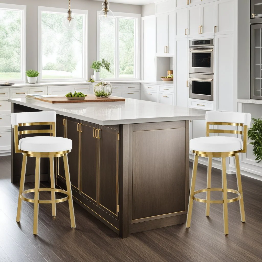 Madrid 26" Swivel Counter Stool in Gold Brushed Stainless Steel with White Faux Leather - Image 10
