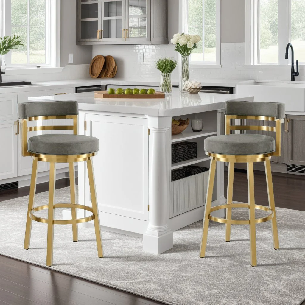 Madrid 26" Swivel Counter Stool with Gold Brushed Stainless Steel and Vintage Gray Faux Leather - Image 10