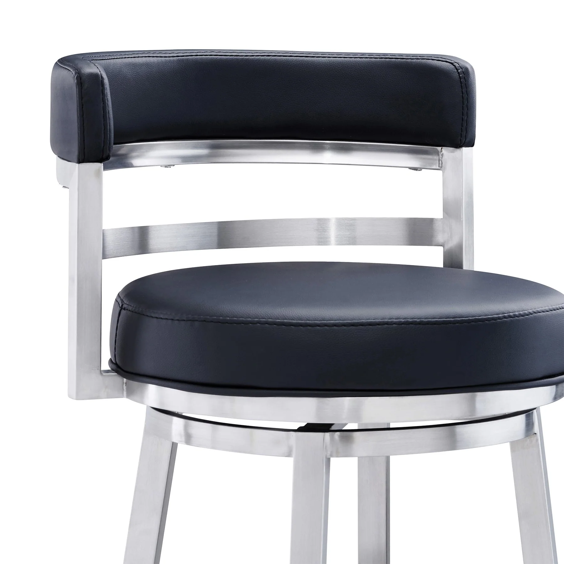 Madrid 30" Bar Height Swivel Black Faux Leather and Brushed Stainless Steel Bar Stool - Image 4