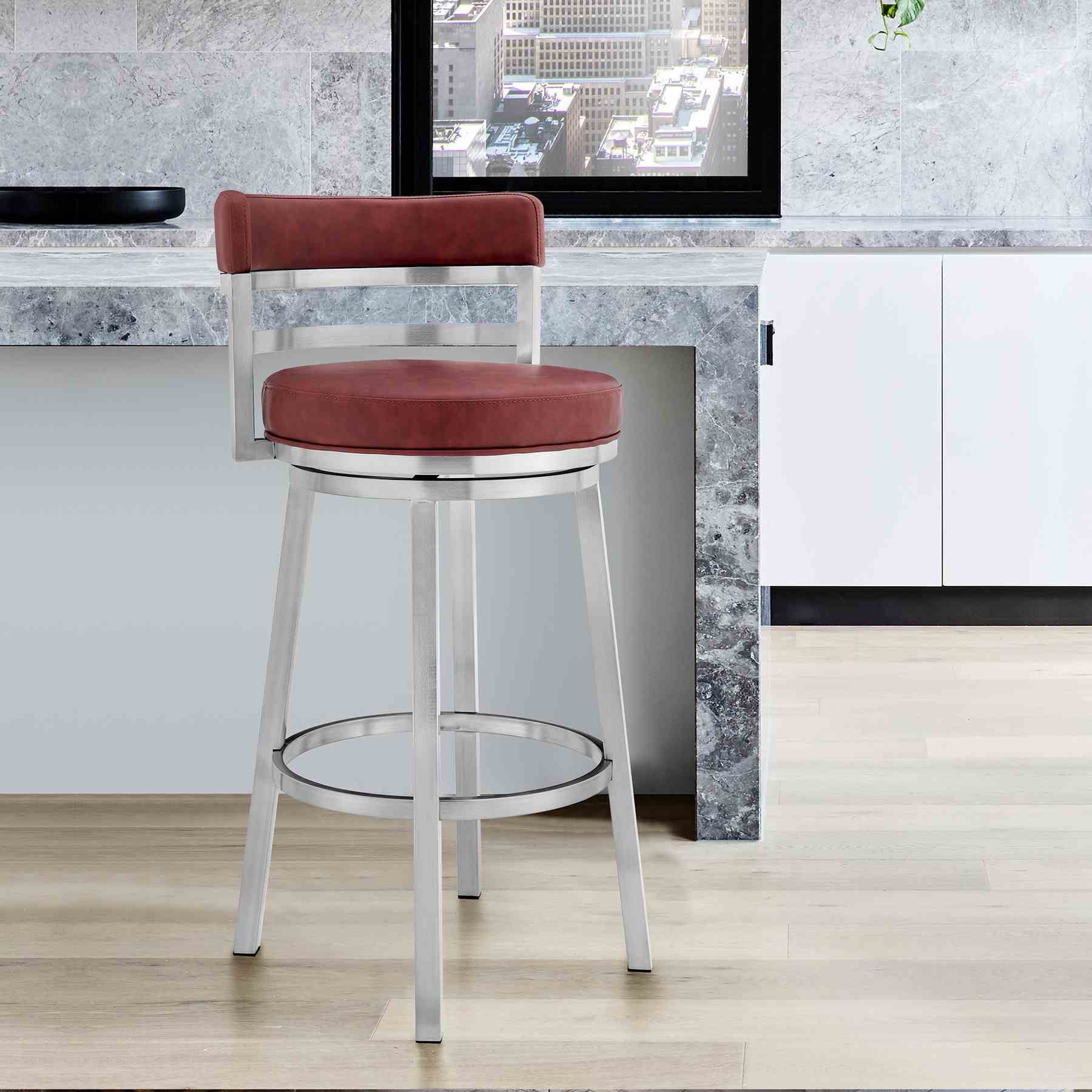 Madrid 30" Bar Height Swivel Red Faux Leather and Brushed Stainless Steel Bar Stool - Image 7