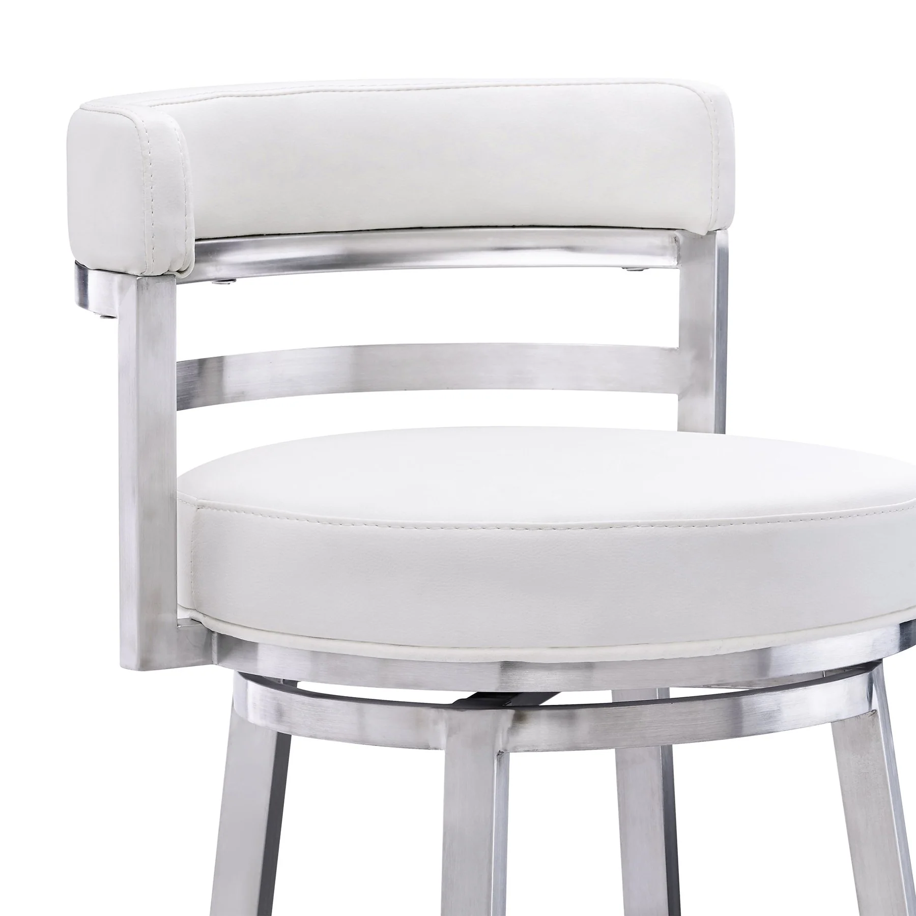 Madrid 30" Bar Height Swivel White Faux Leather and Brushed Stainless Steel Bar Stool - Image 4