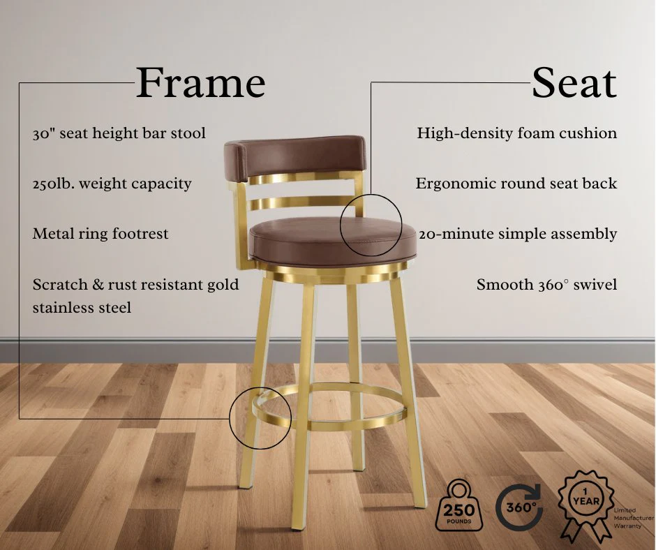Madrid 30" Swivel Bar Stool in Gold Brushed Stainless Steel with Vintage Coffee Faux Leather - Image 11