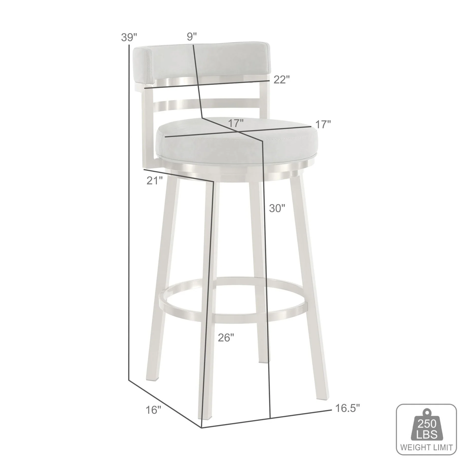Madrid 30" Swivel Counter Stool with Gold Brushed Stainless Steel and Vintage Gray Faux Leather - Image 9