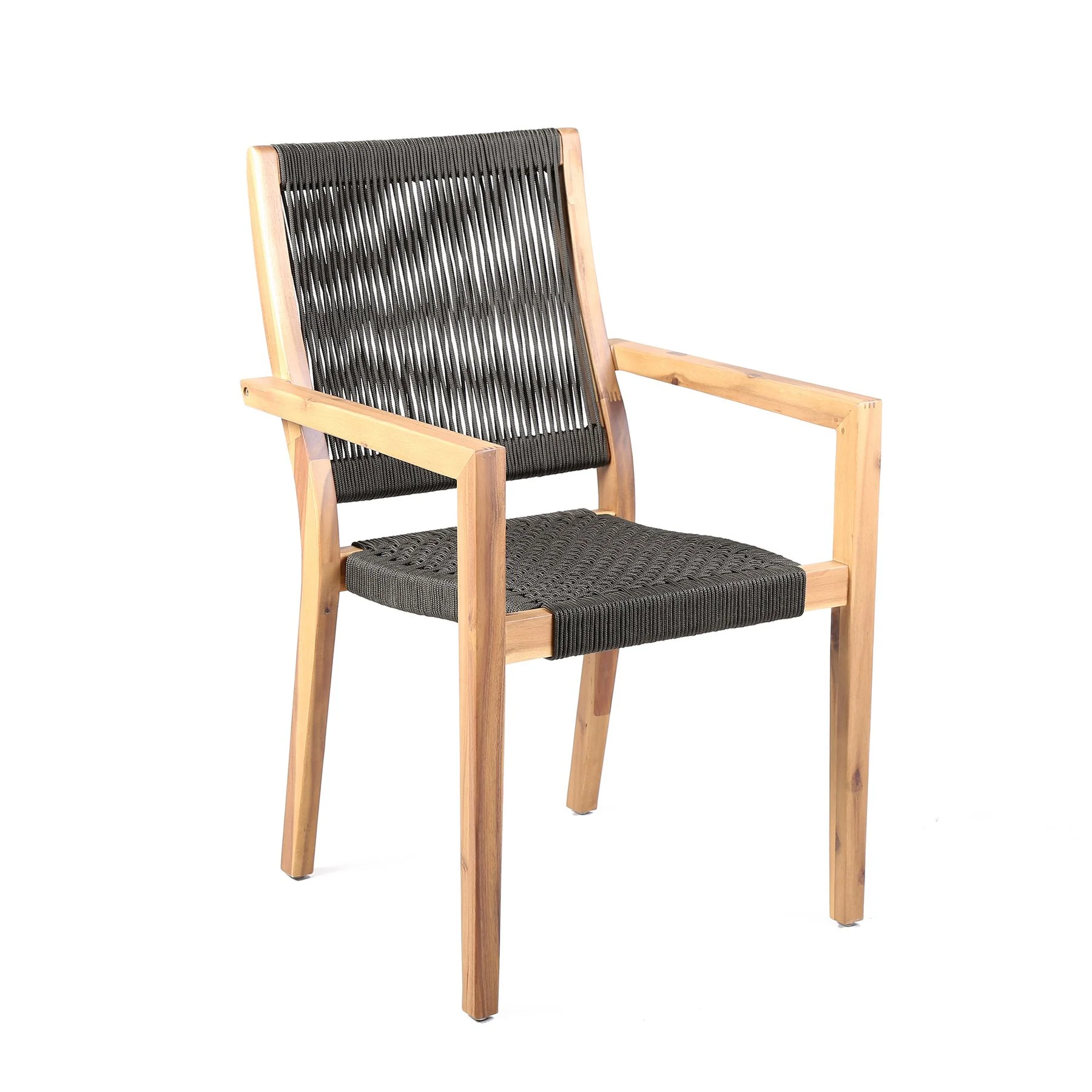 Madsen Outdoor Eucalyptus Wood and Charcoal Rope Dining Chairs with Teak Finish - Set of 2 - Image 2