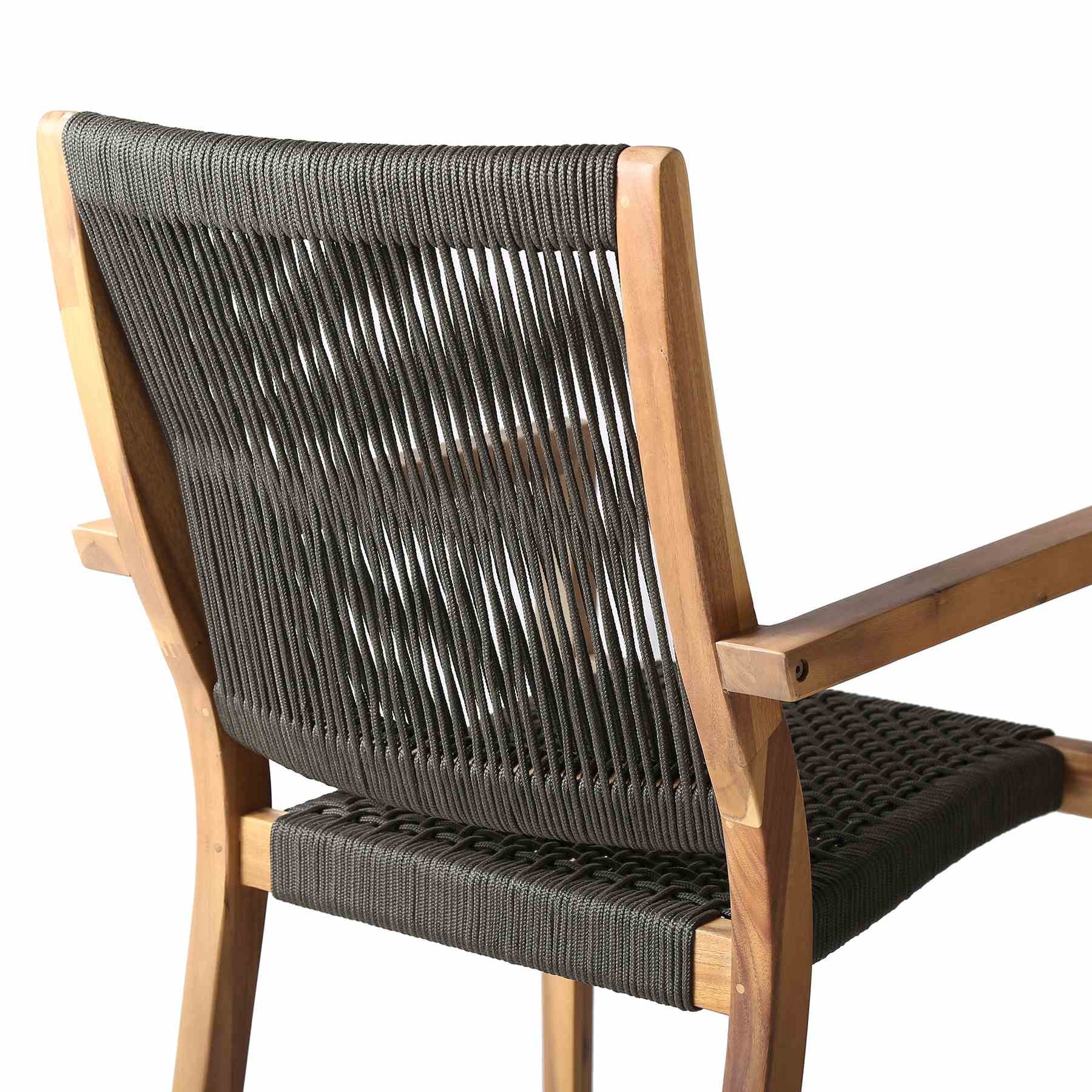 Madsen Outdoor Eucalyptus Wood and Charcoal Rope Dining Chairs with Teak Finish - Set of 2 - Image 6