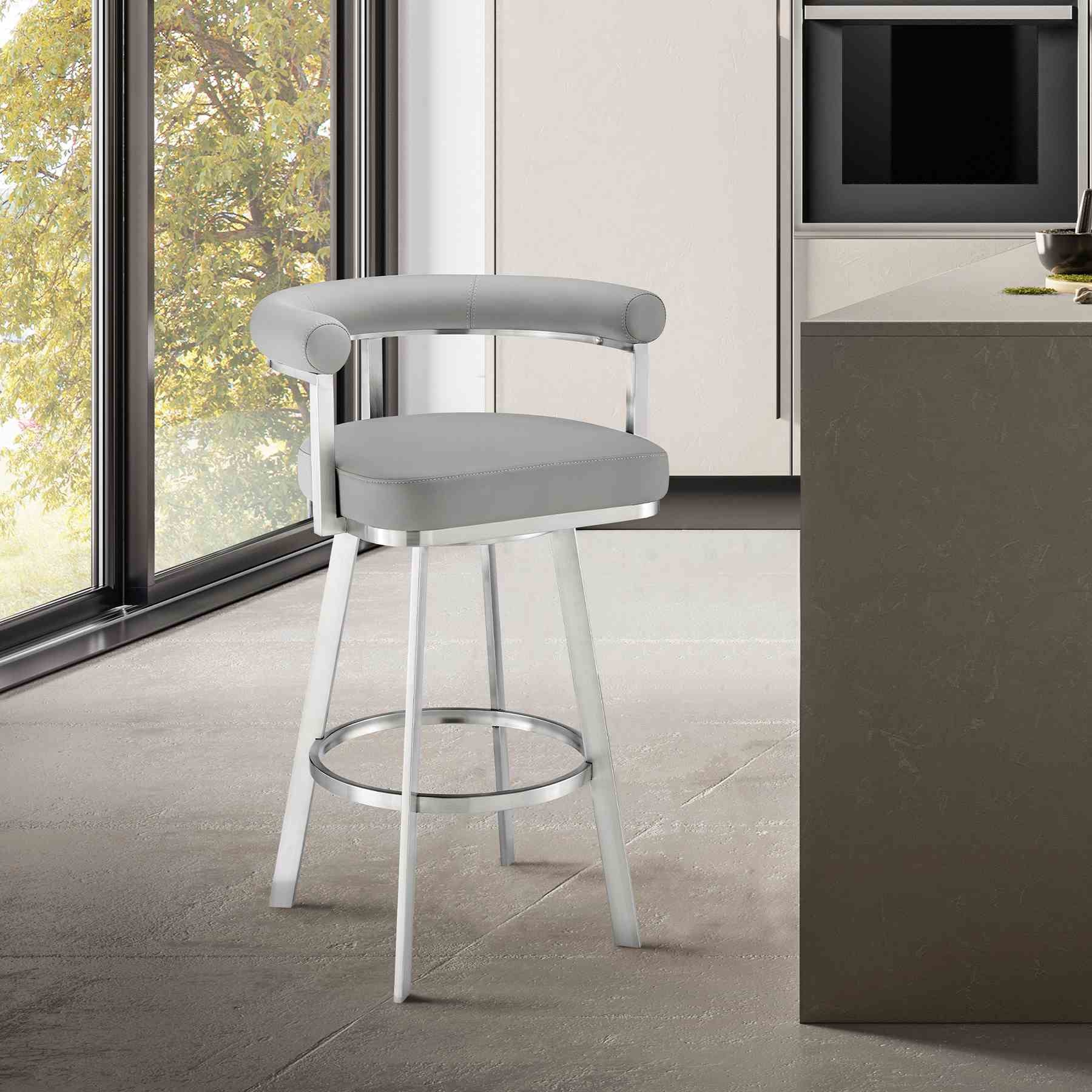 Magnolia 30" Swivel Bar Stool in Brushed Stainless Steel with Light Gray Faux Leather - Image 9