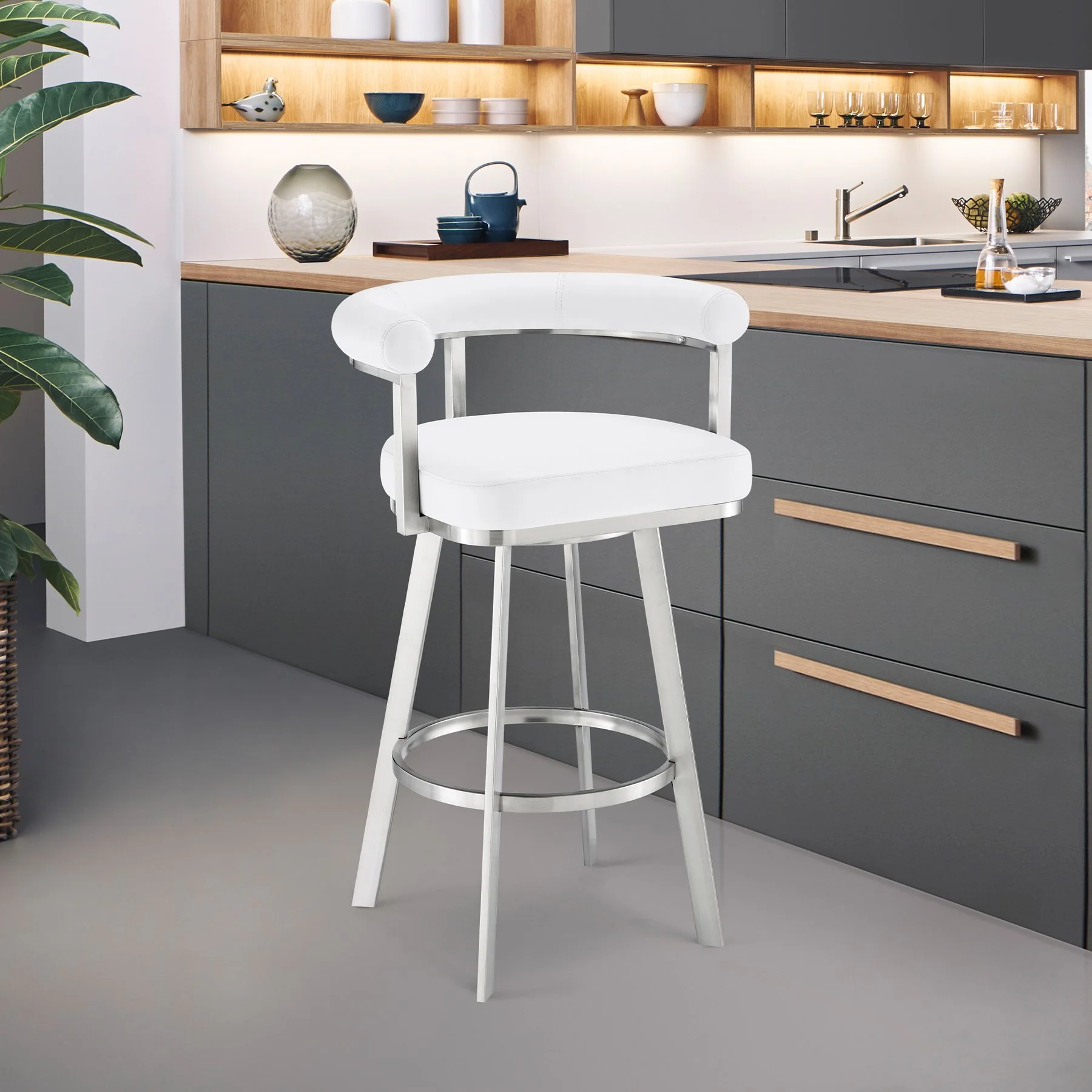Magnolia 30" Swivel Bar Stool in Brushed Stainless Steel with White Faux Leather - Image 9