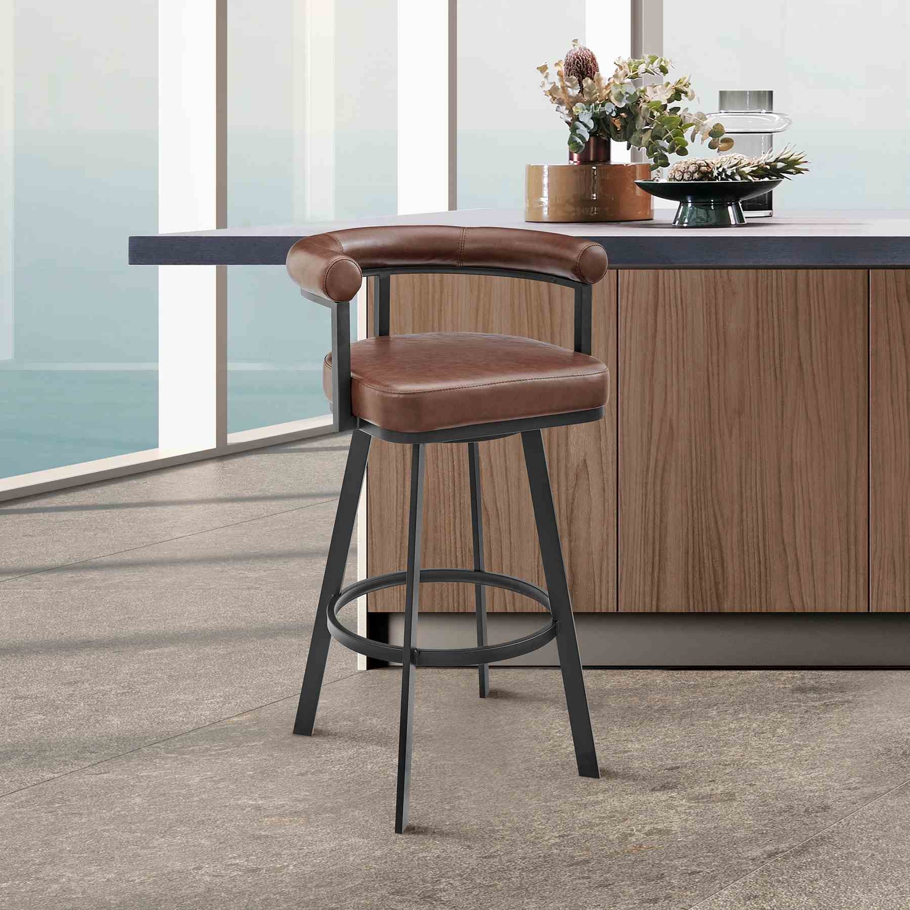 Magnolia Swivel Bar Stool in Black Metal with Brown Faux Leather - Image 11