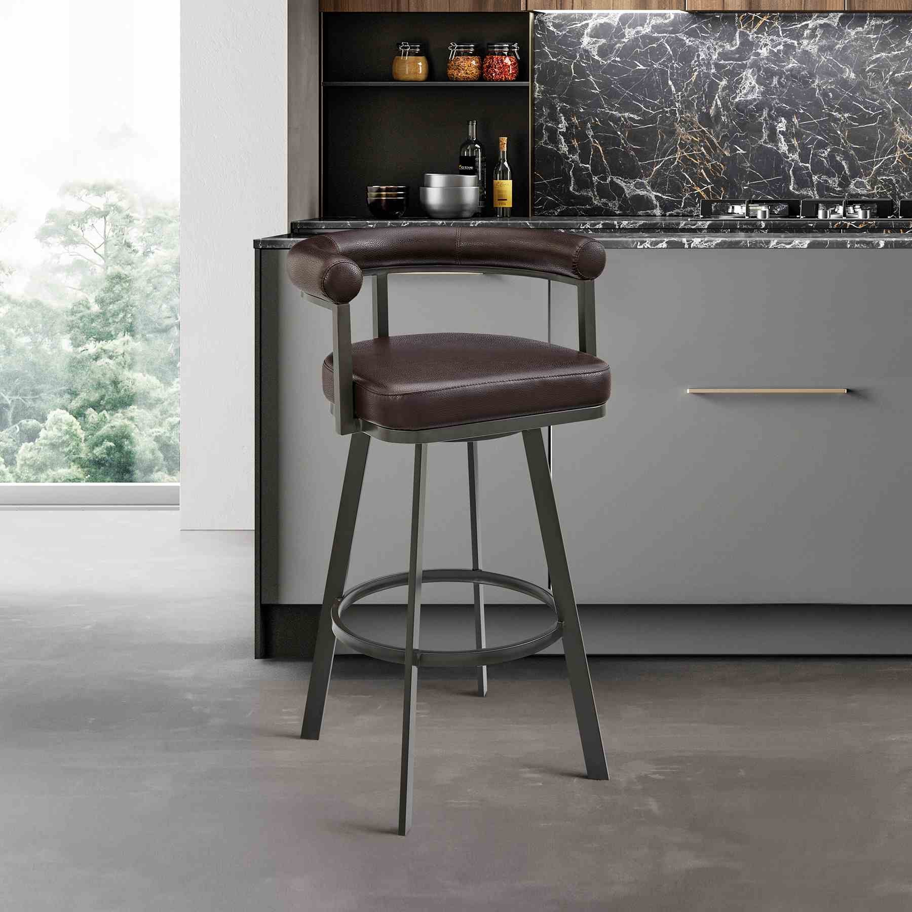 Magnolia Swivel Bar Stool in Brown Metal with Brown Faux Leather - Image 11
