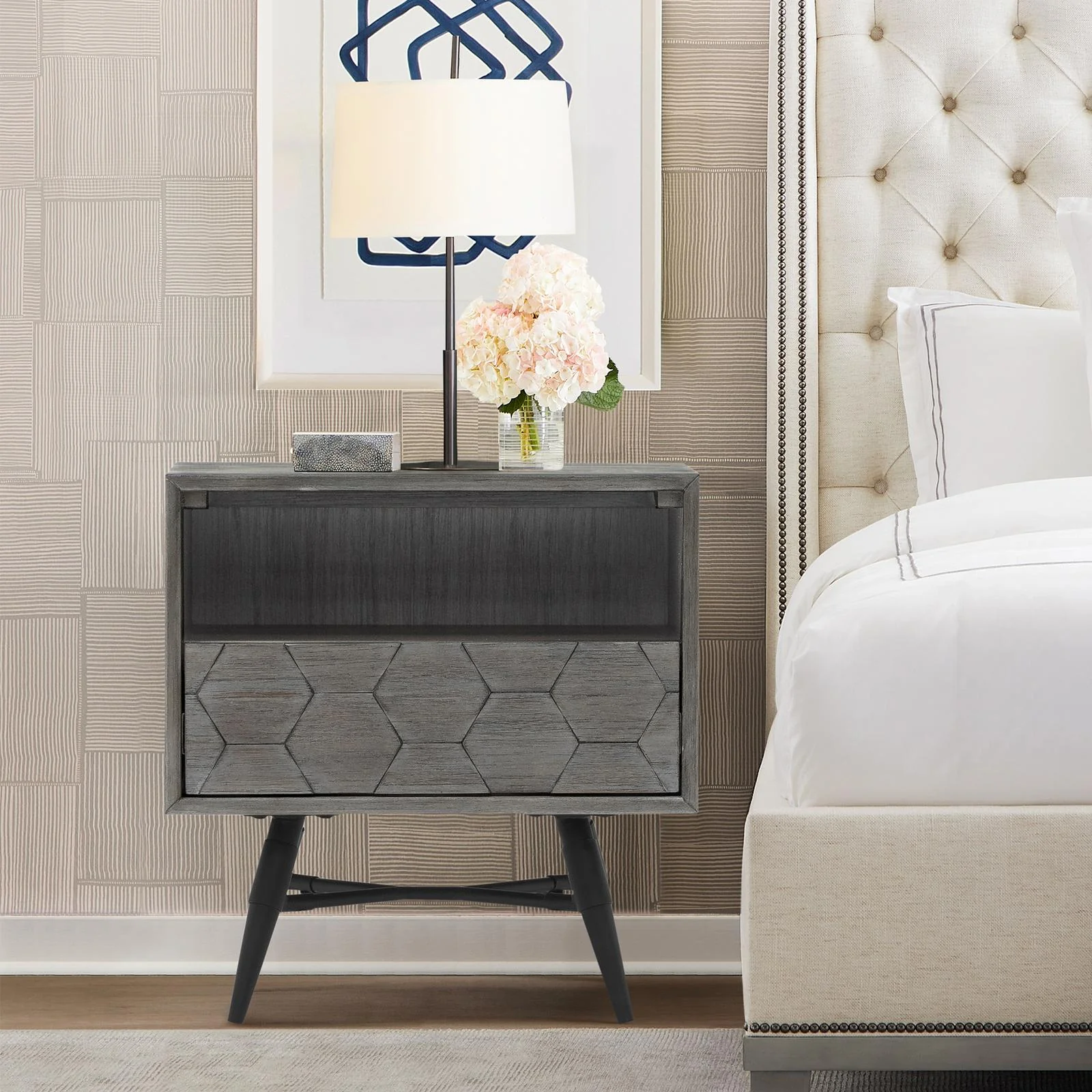 Makena 1 Drawer Night Stand in Gray Acacia Wood - Image 7