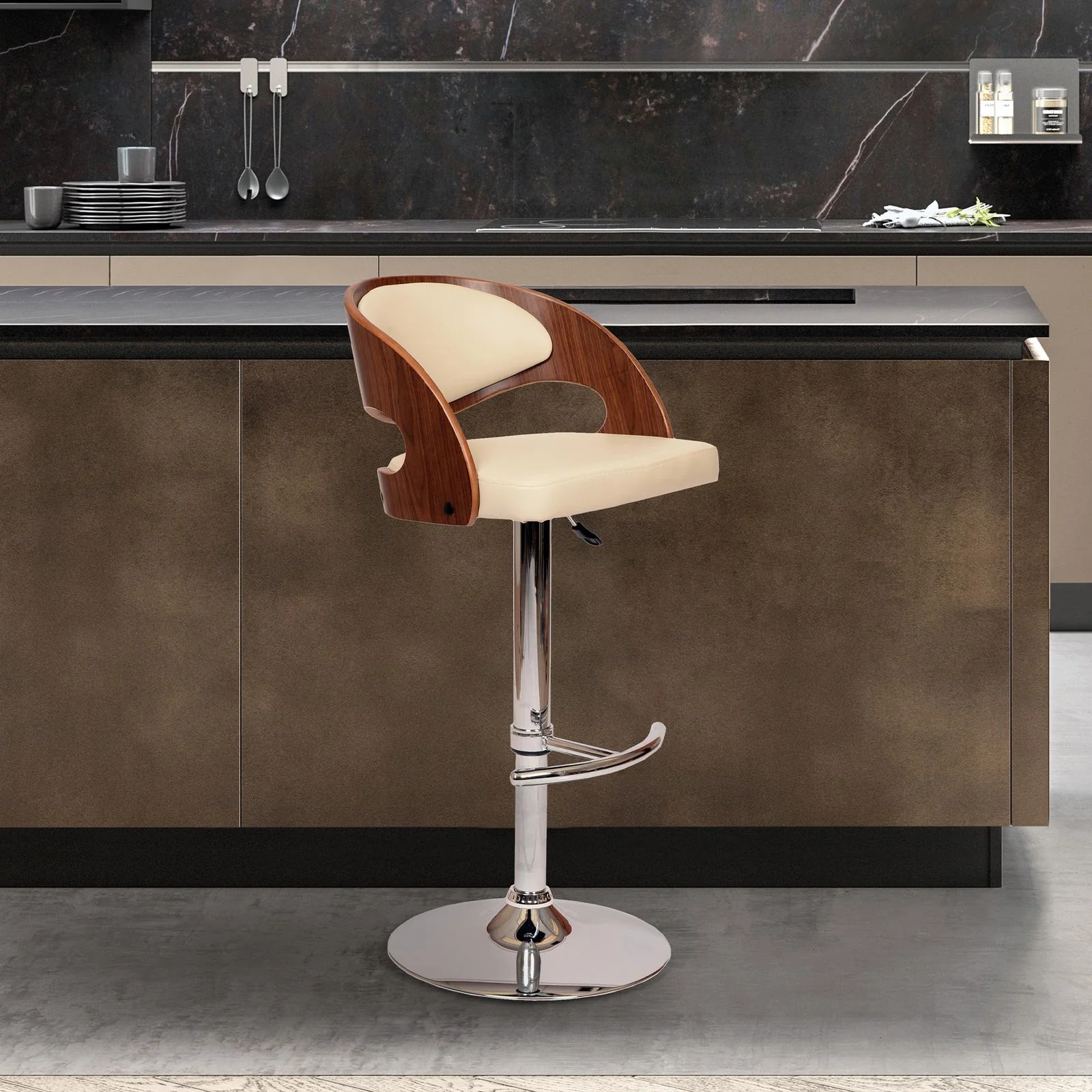 Malibu Swivel Barstool In Cream PU/ Walnut Veneer and Chrome Base - Image 5