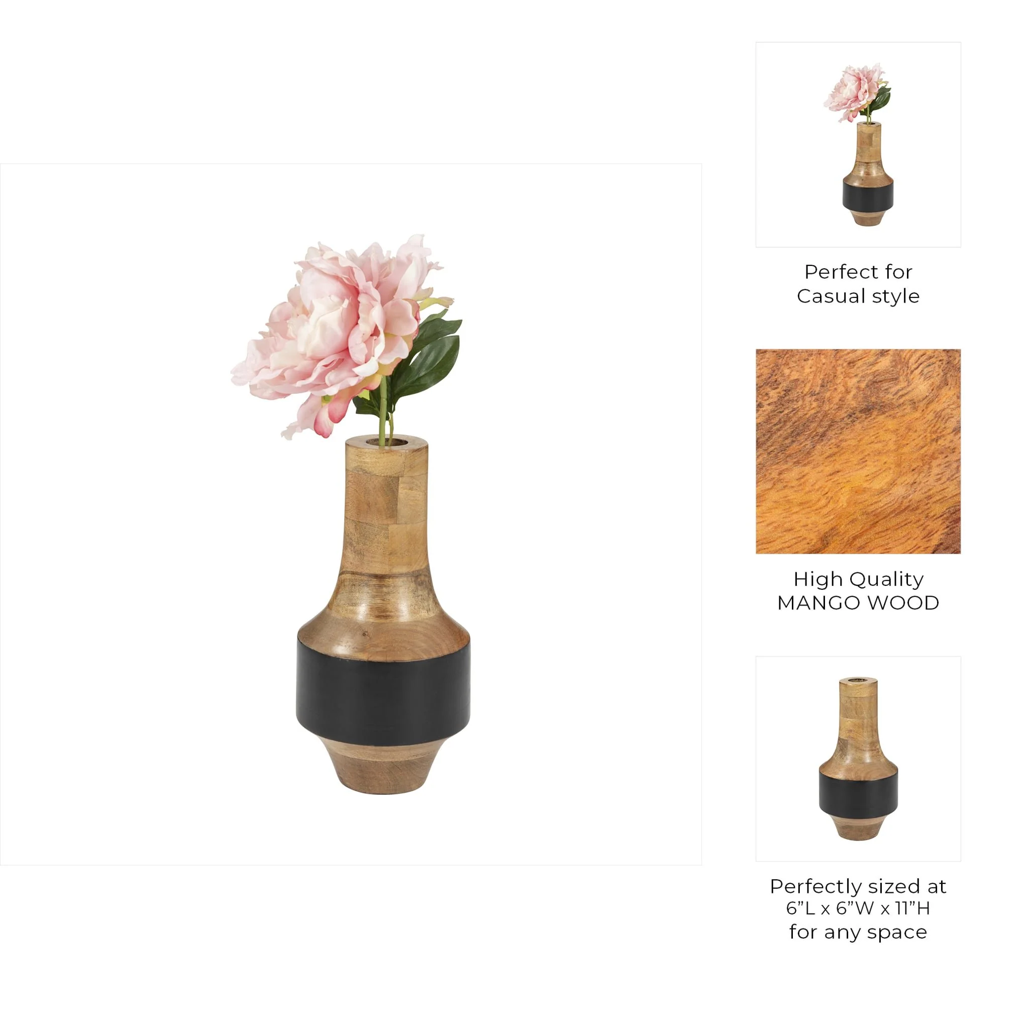 Mango Wood, 11" 2-tone Vase, Brown/black - Image 9