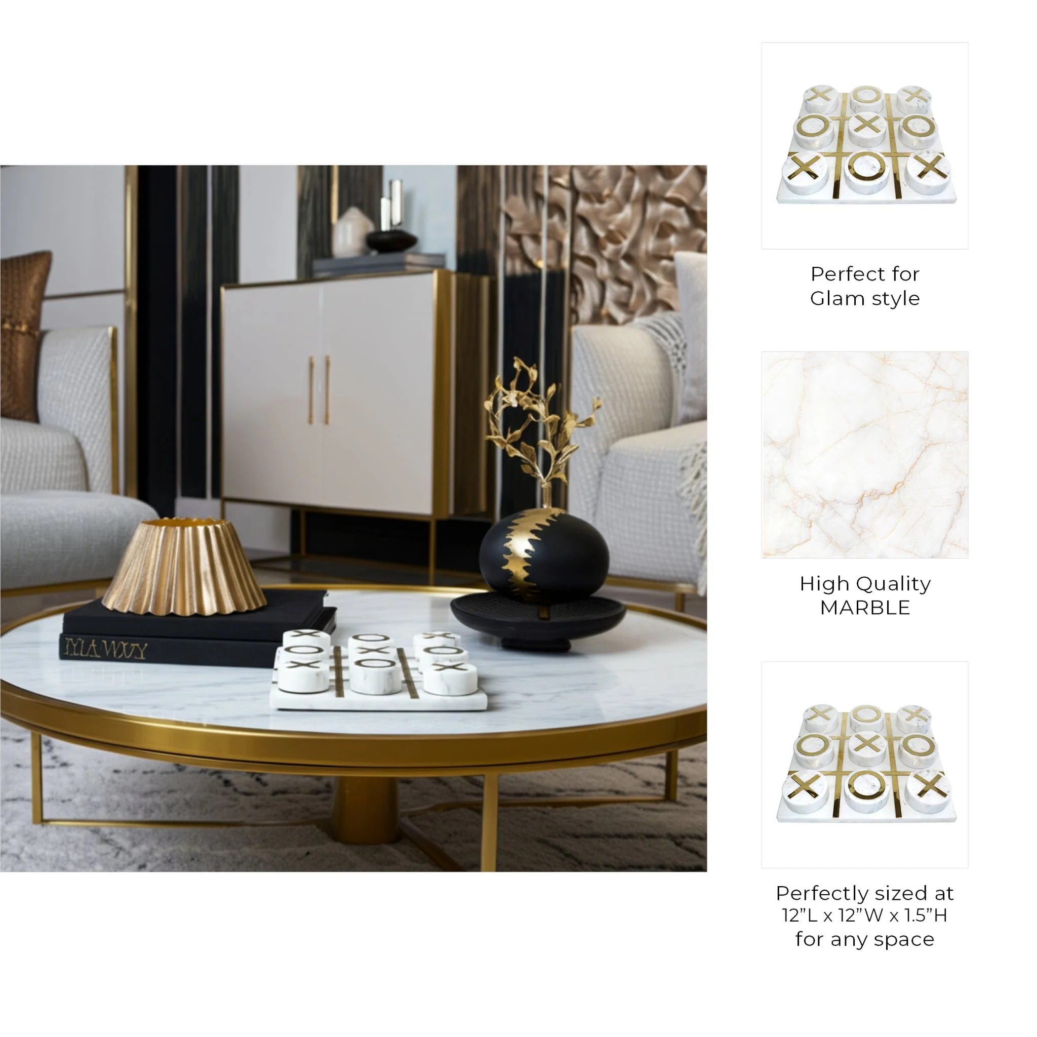 Marble 12x12 Tic-tac-toe, White/gold - Image 3