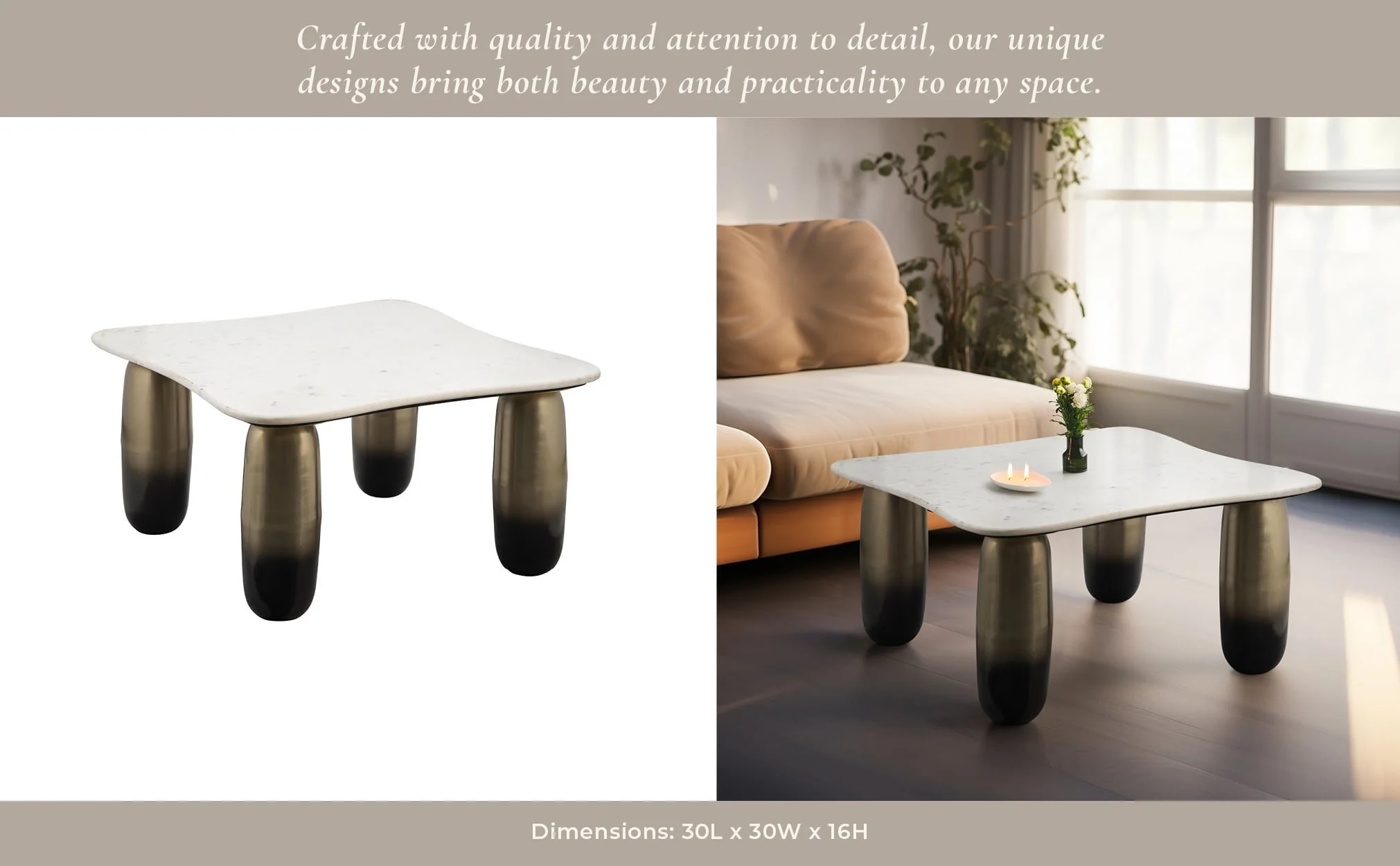 Marble/metal, 30"dx16"h Coffee Table, Wht/gld - Image 11