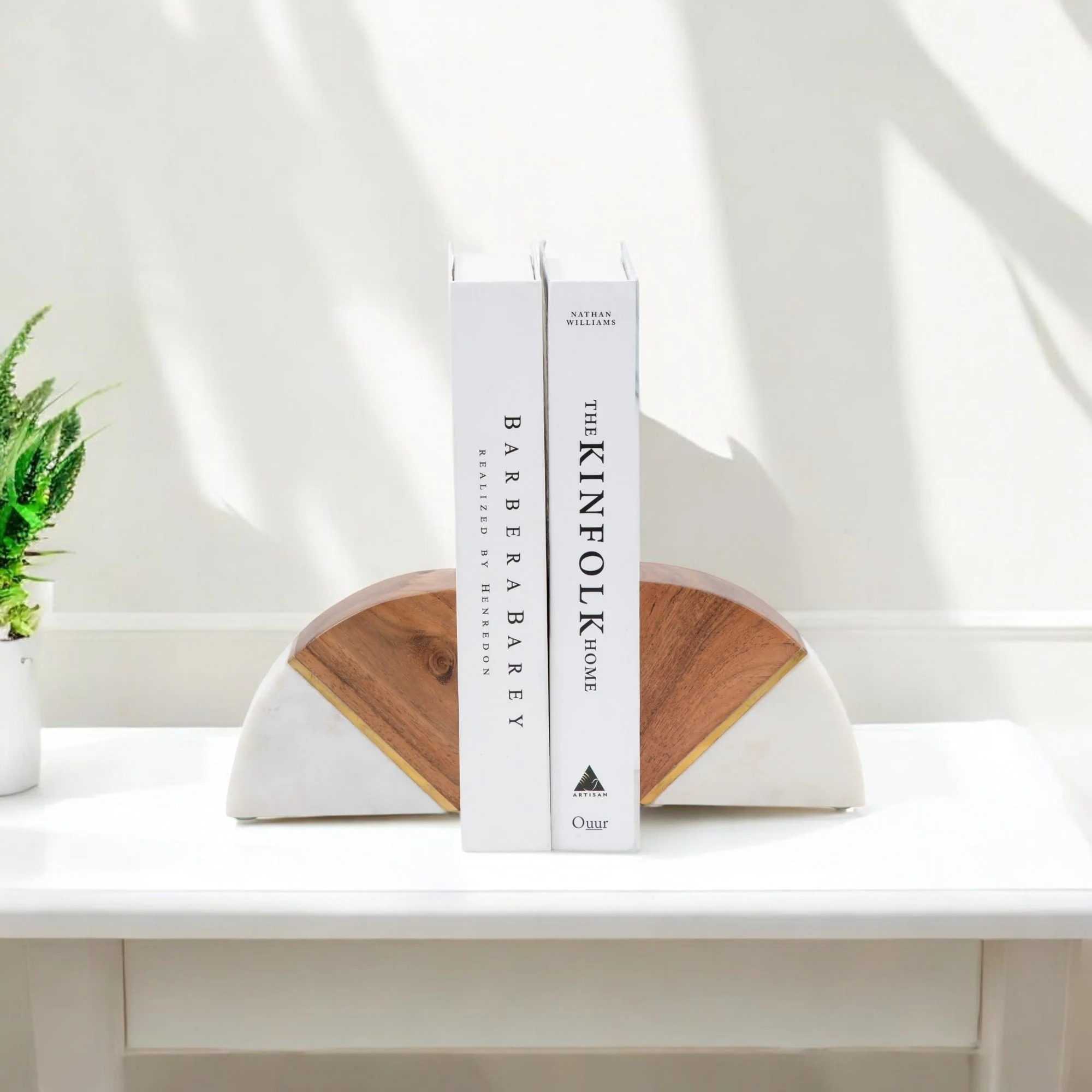 Marble, S/2 5" Bookends W/ Wood And Brass Detail, - Image 8