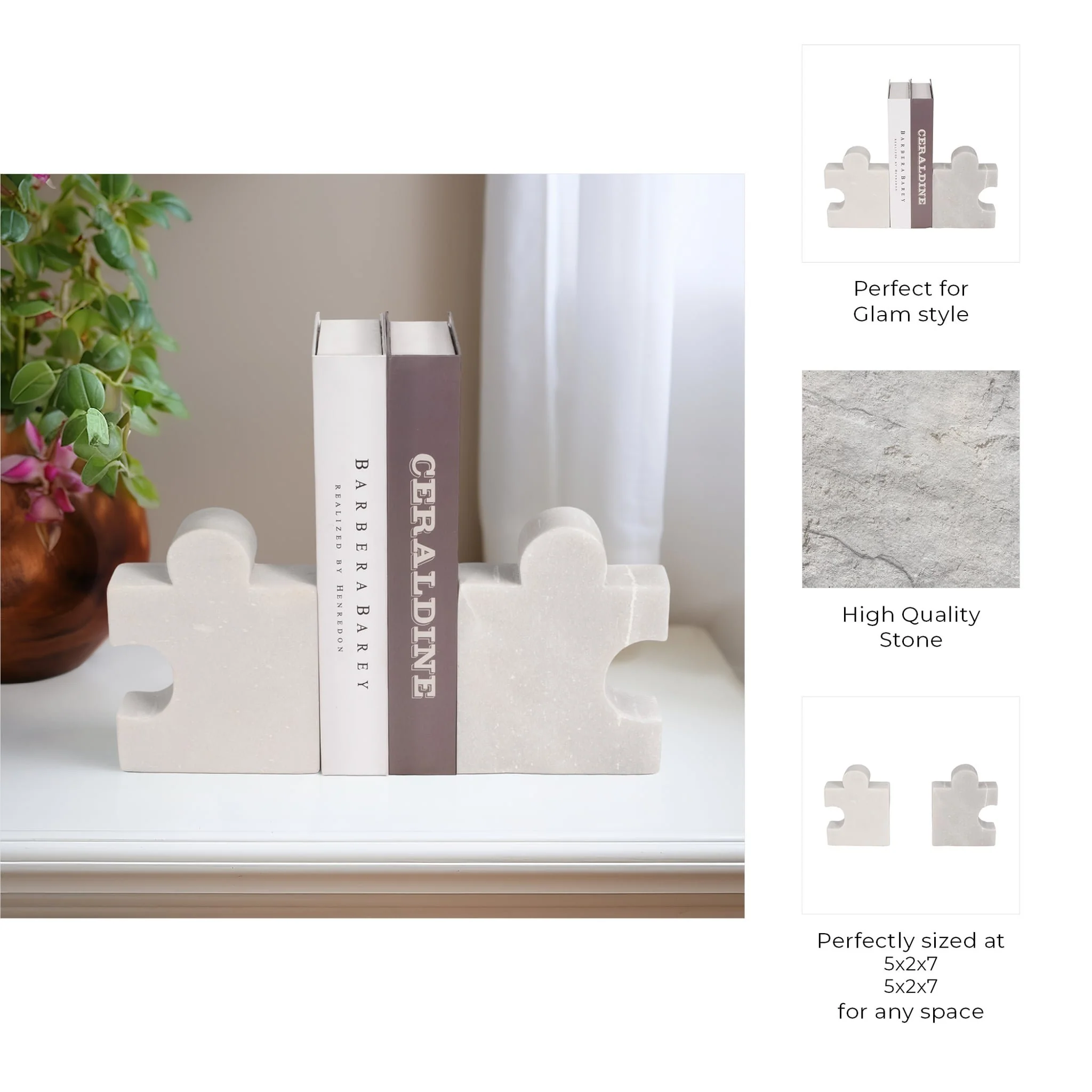 Marble, S/2 5" Puzzle Piece Bookends, White - Image 8