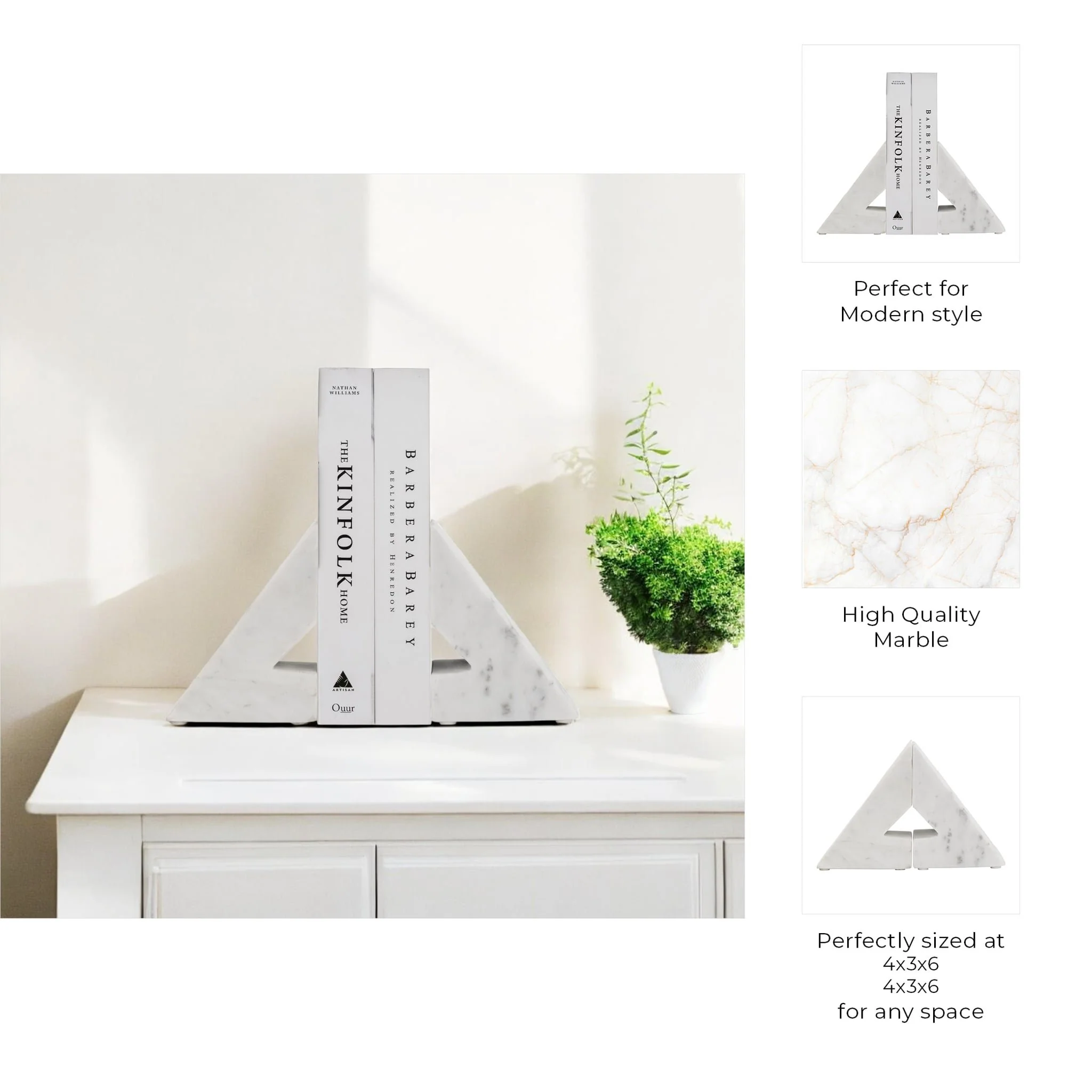 Marble, S/2 6"h Right Triangle Bookends, White - Image 8