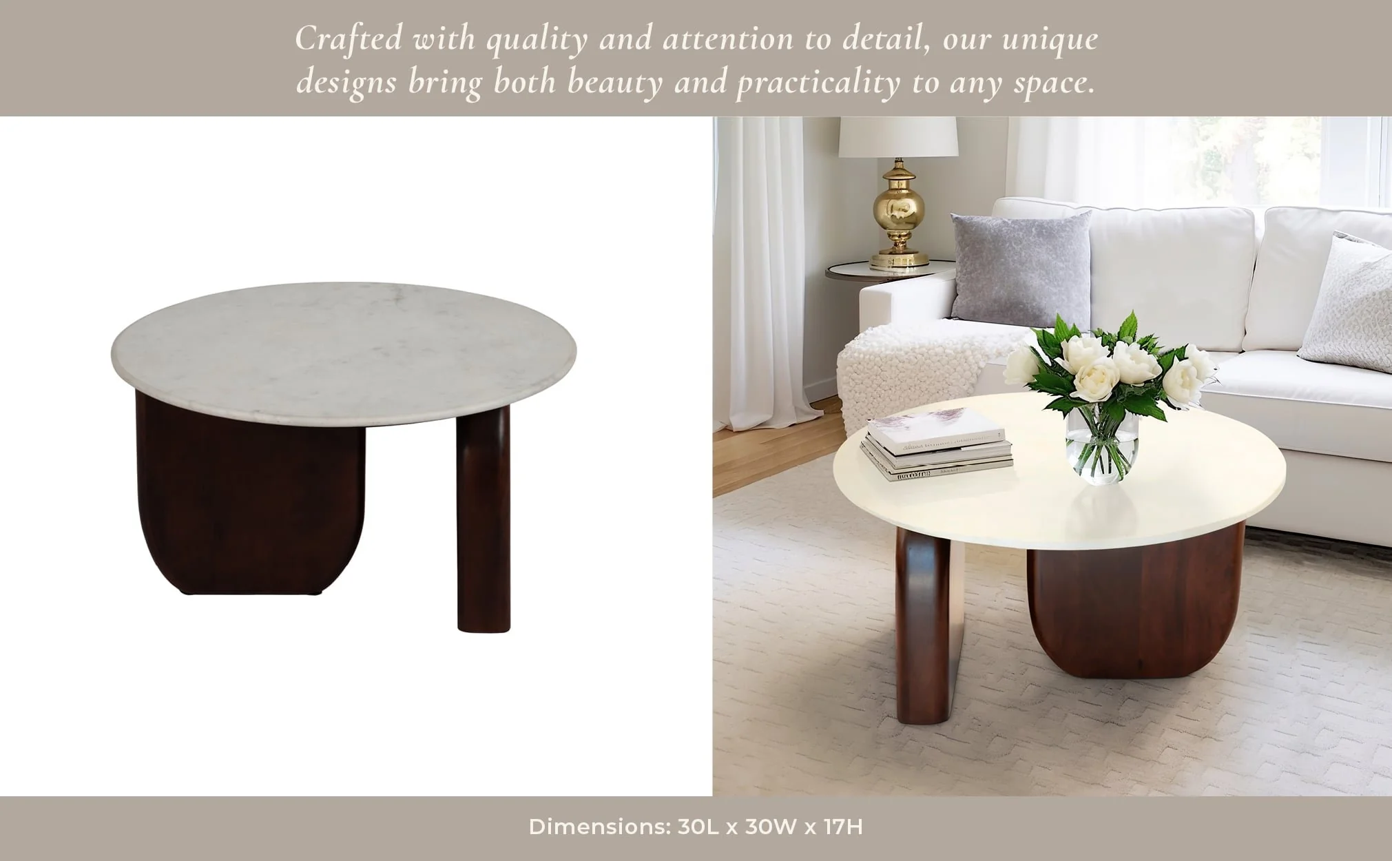 Marble/wood, 30"dx17"h Round Cffee Tbl,wlnt/wht Kd - Image 10