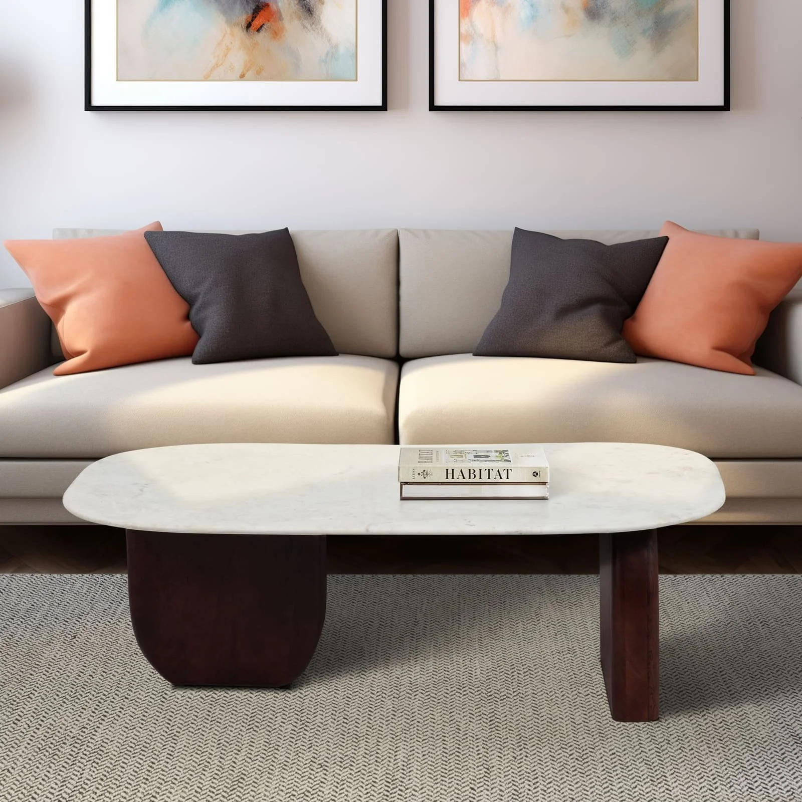 Marble/wood, 48"dx16"h Coffee Tbl, Wlnt/wht Kd - Image 9