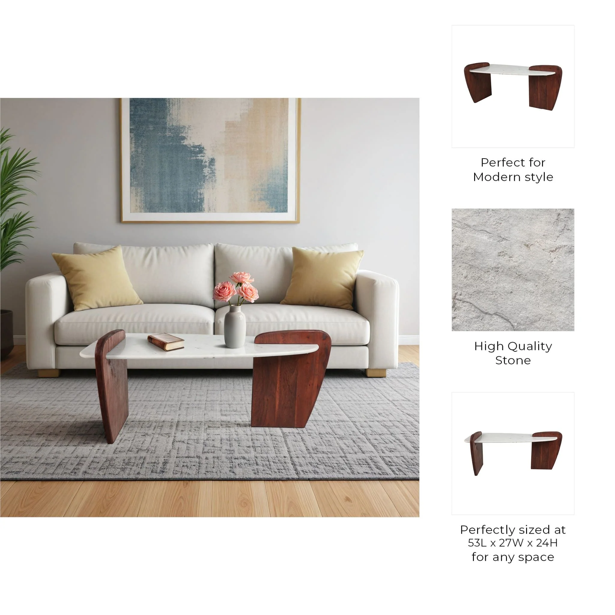 Marble/wood, 53" Modern Coffee Table, White Kd, 2b - Image 9