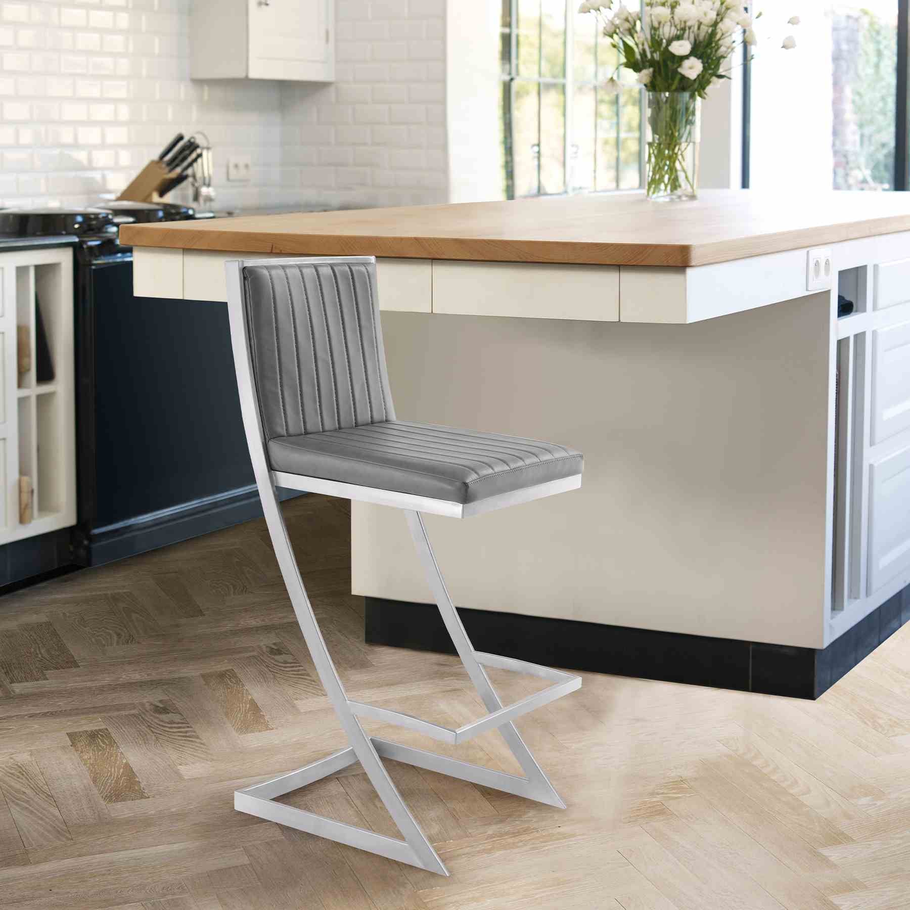 Marc 26" Vintage Gray Faux Leather and Brushed Stainless Steel Bar Stool - Image 9