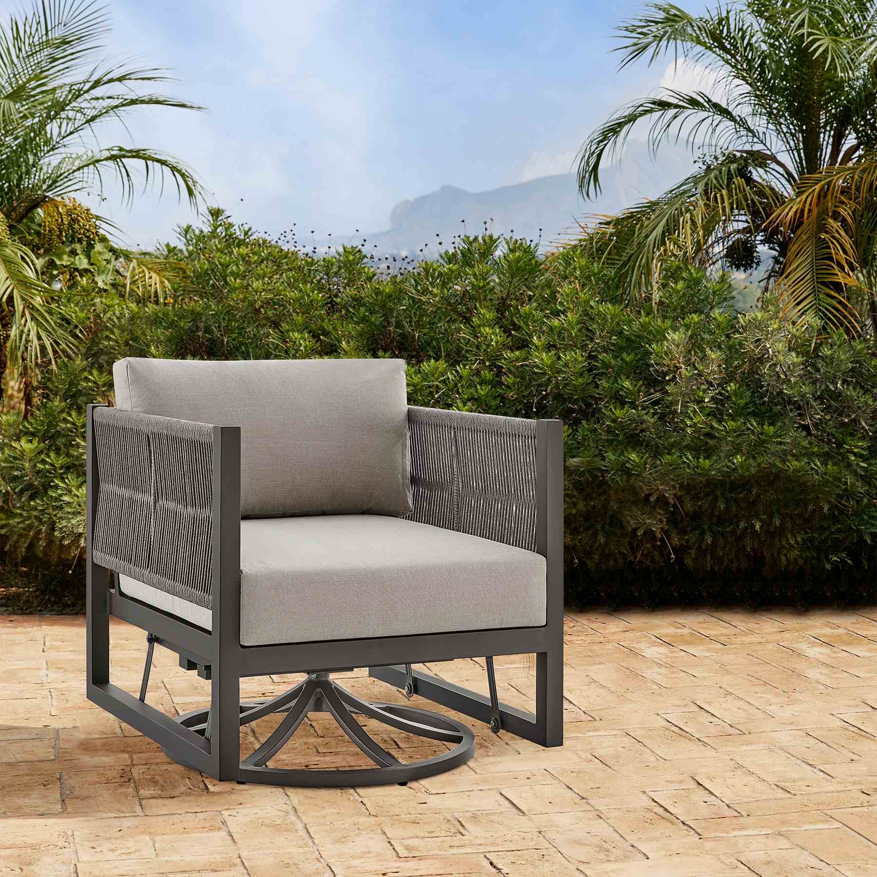 Mareike Outdoor Patio Swivel Glider Lounge Chair in Dark Brown Aluminum with Cushions - Image 10