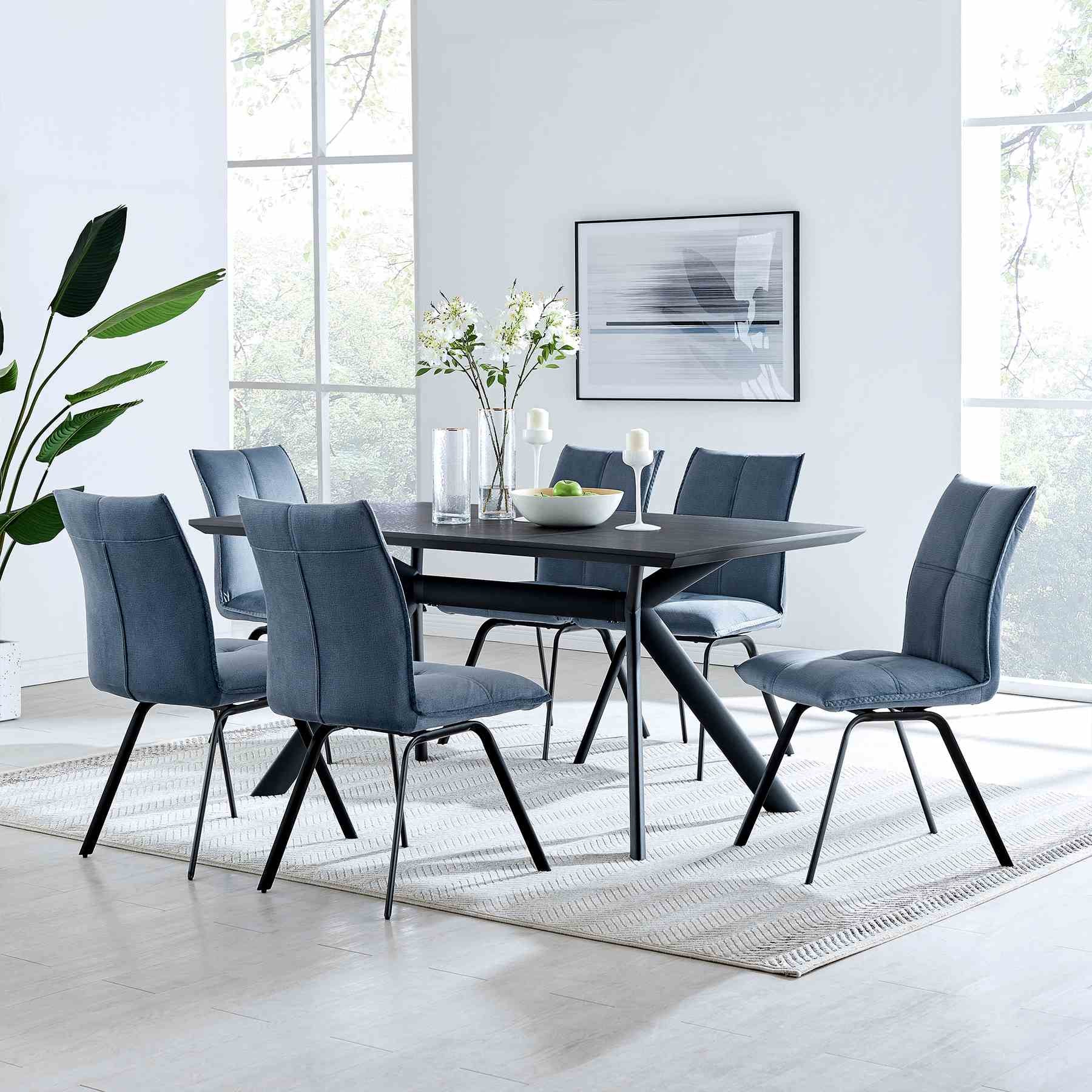 Margot and Rylee 7 Piece Modern Rectangular Dining Set in Black Melamine Wood and Blue Fabric - Image 8