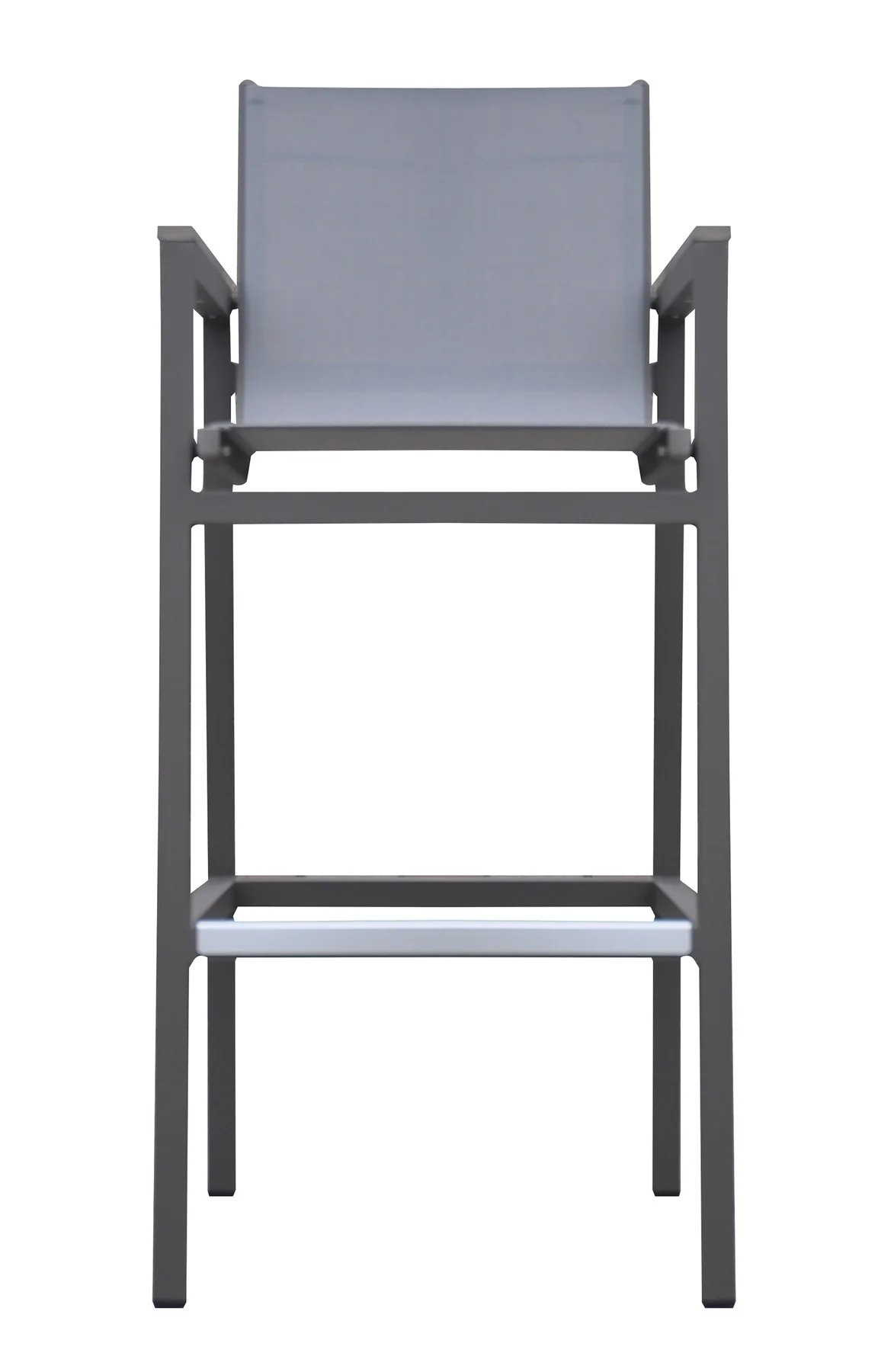 Marina Outdoor Patio Barstool in Gray Powder Coated Finish with Gray Sling Textilene and Gray Wood Accent Arms - Image 2