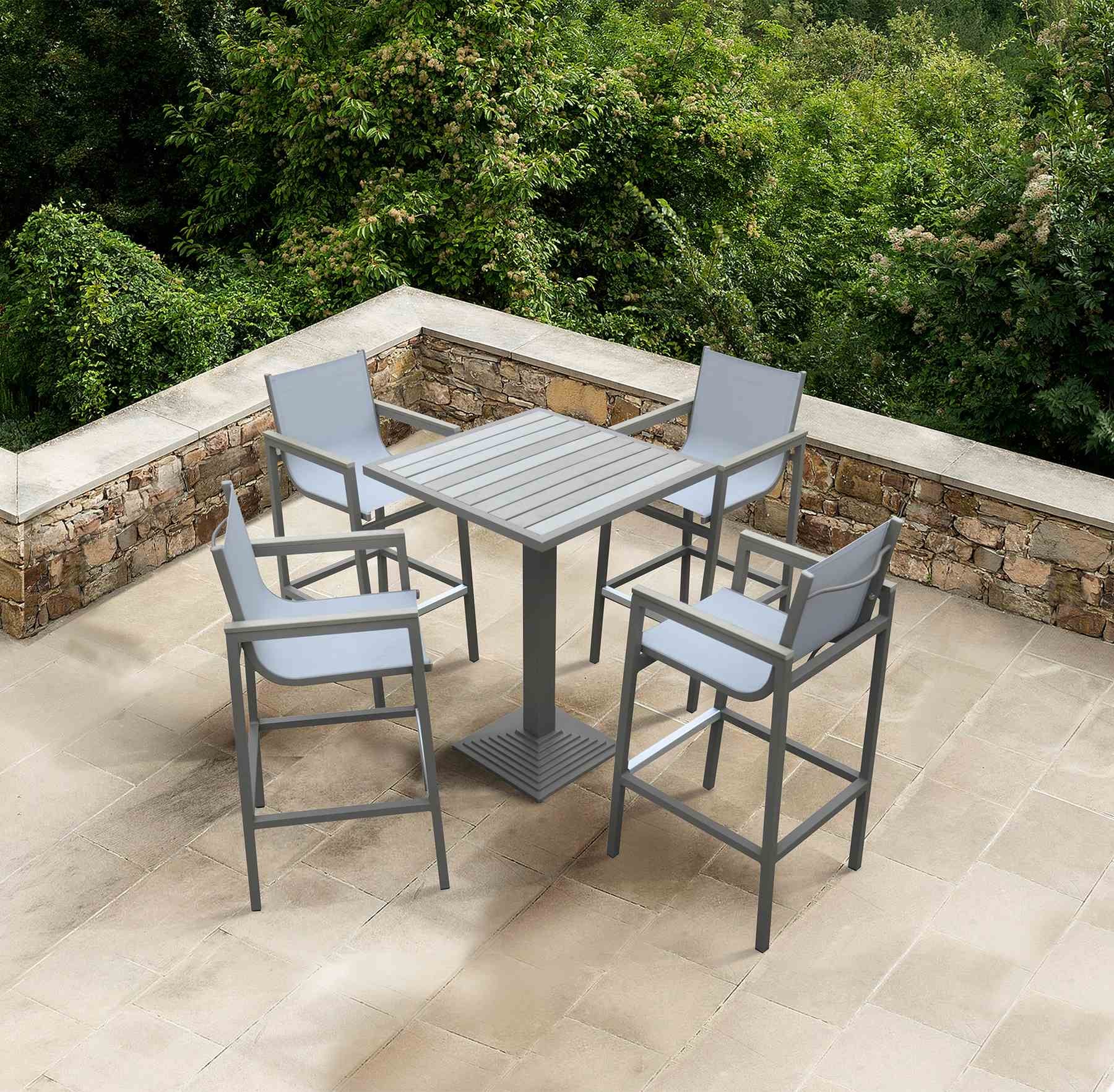 Marina Outdoor Patio Set Gray Finish and Gray Wood Top (Table with 4 barstools) - Image 9