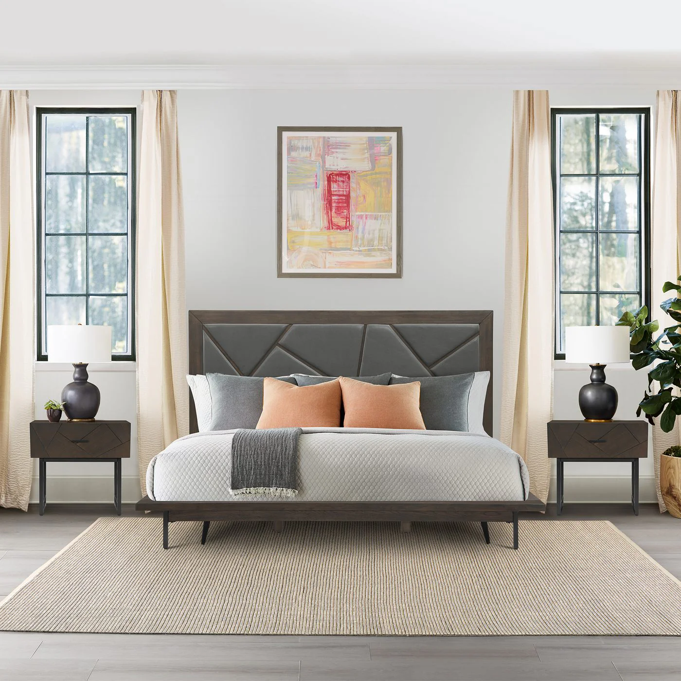 Marquis 3 Piece Queen Size Platform Bed Frame Bedroom Set in Oak Wood with Faux Leather Headboard - Image 12