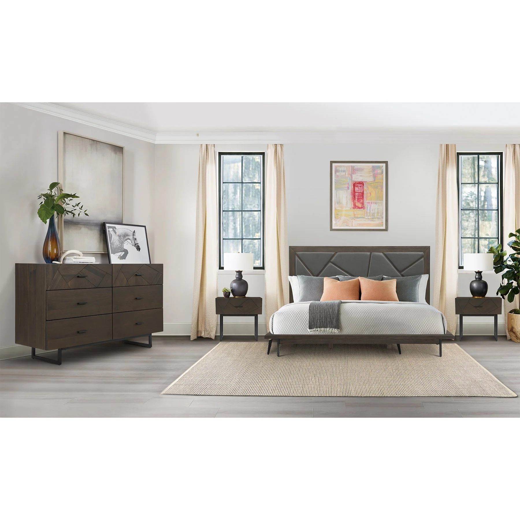 Marquis 4 Piece King Size Platform Bed Frame Bedroom Set in Oak Wood with Faux Leather Headboard - Image 12
