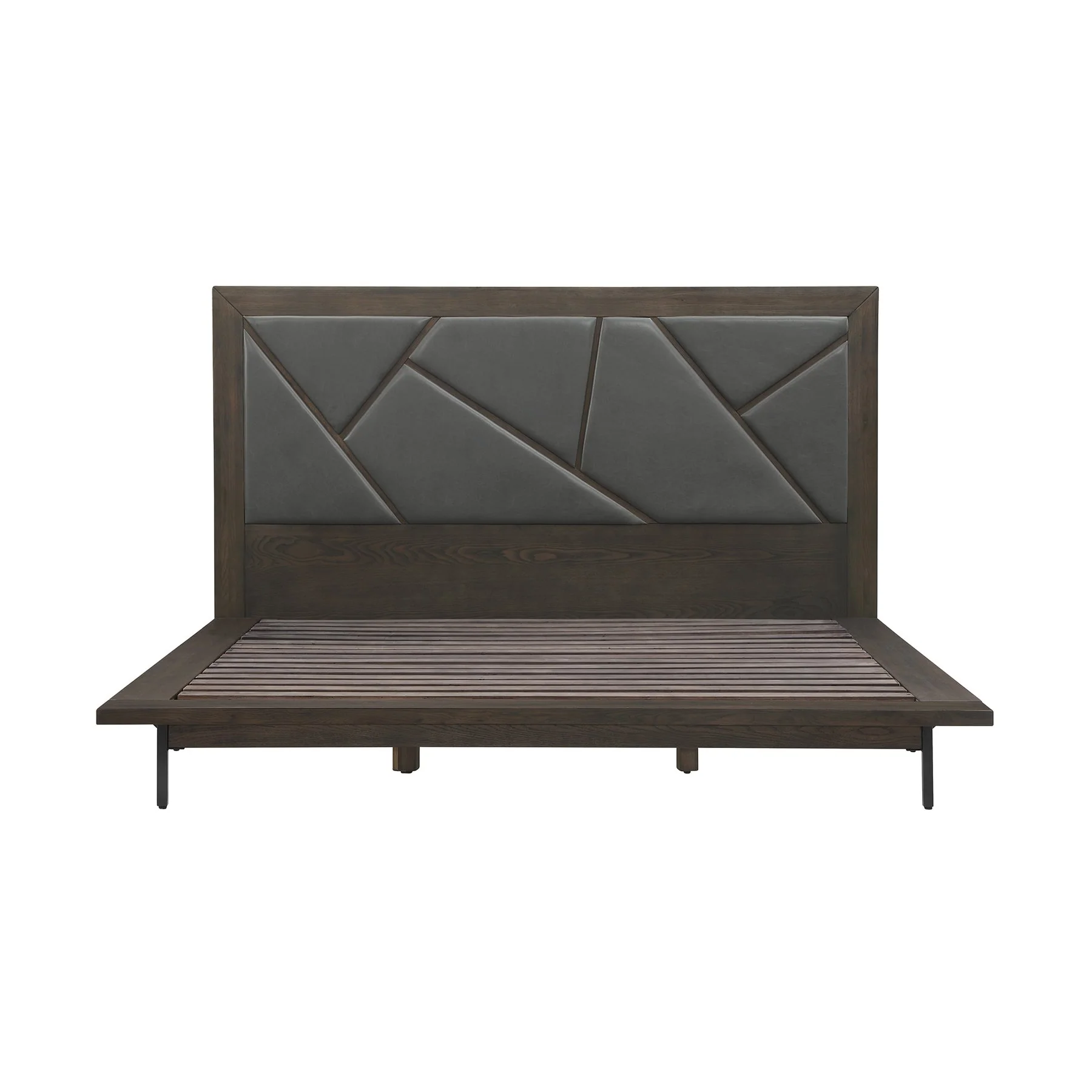 Marquis 4 Piece King Size Platform Bed Frame Bedroom Set in Oak Wood with Faux Leather Headboard - Image 2