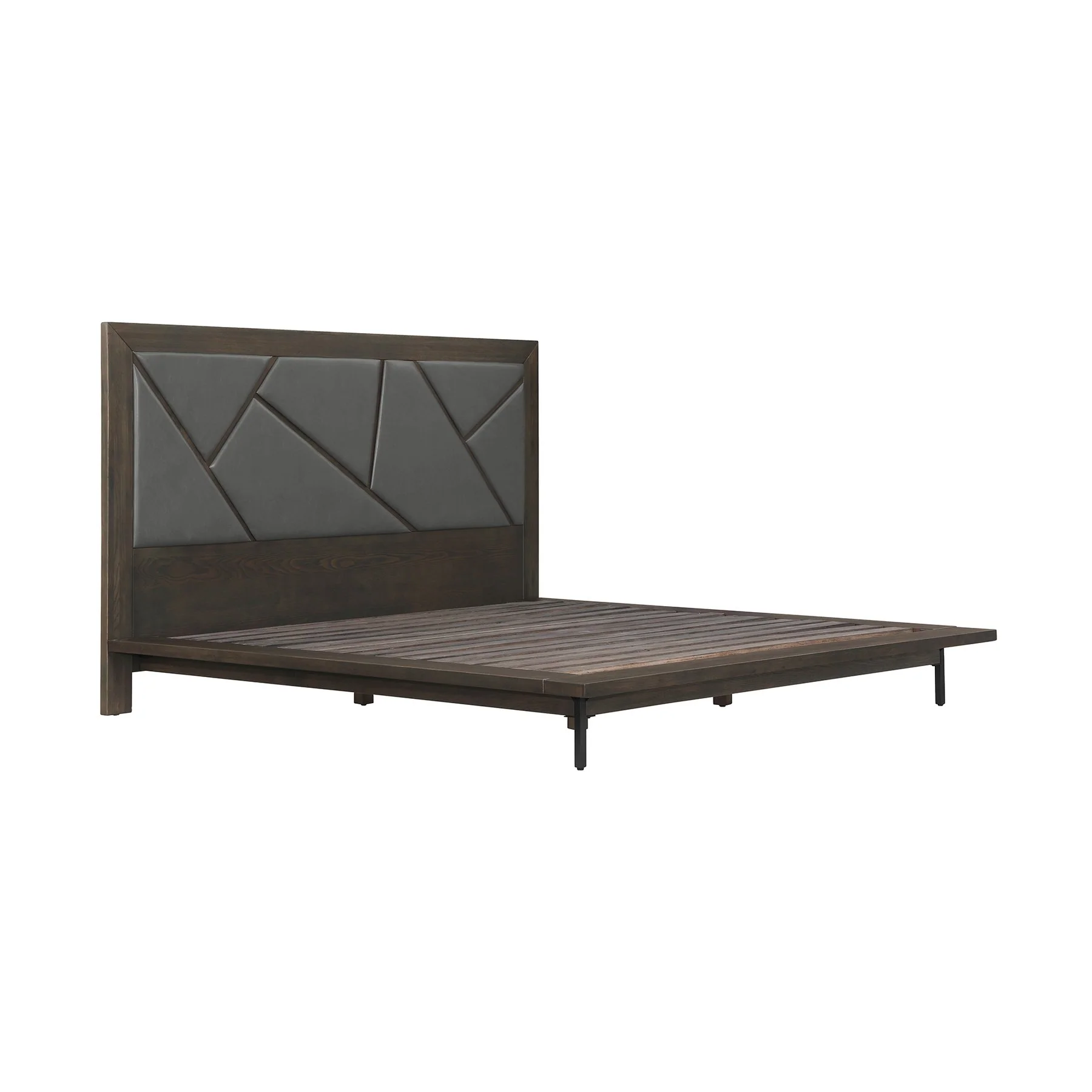 Marquis 4 Piece King Size Platform Bed Frame Bedroom Set in Oak Wood with Faux Leather Headboard - Image 3