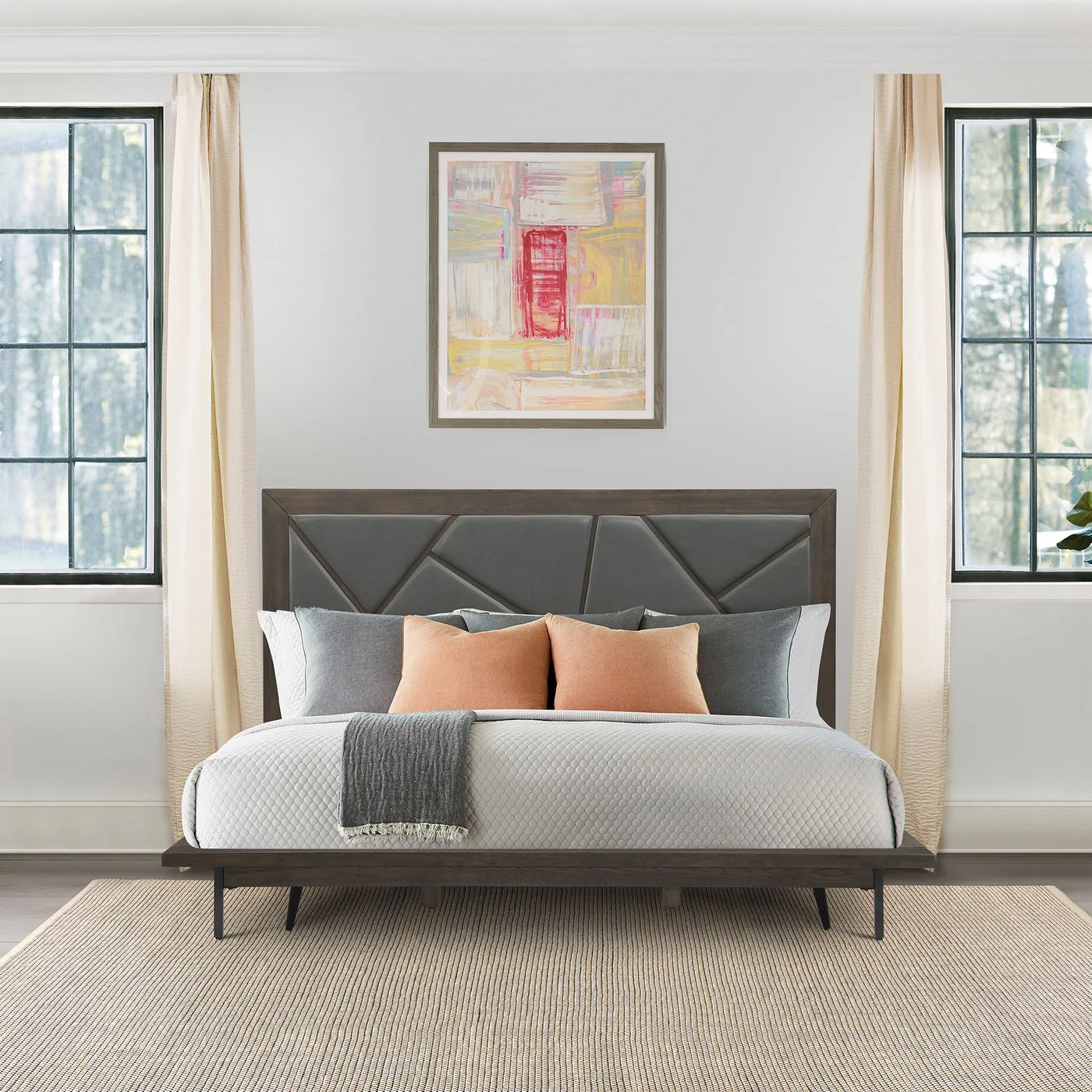 Marquis King Size Platform Bed Frame in Oak Wood with Faux Leather Headboard and Black Metal Legs - Image 11