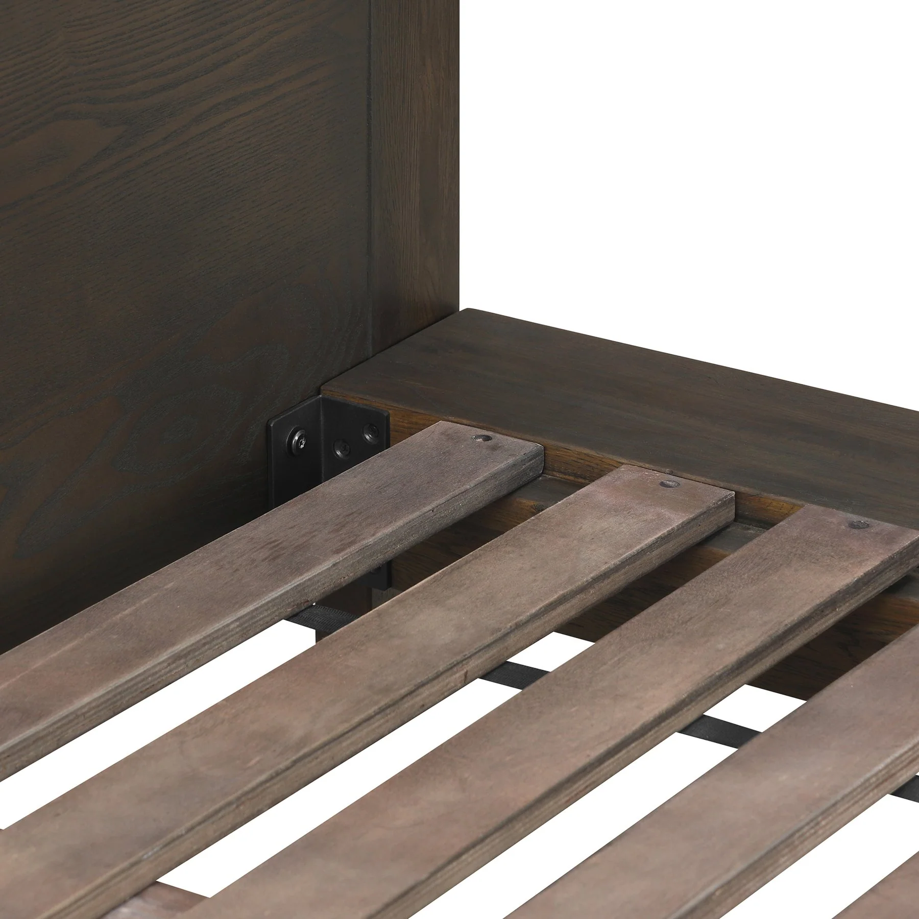 Marquis King Size Platform Bed Frame in Oak Wood with Faux Leather Headboard and Black Metal Legs - Image 6