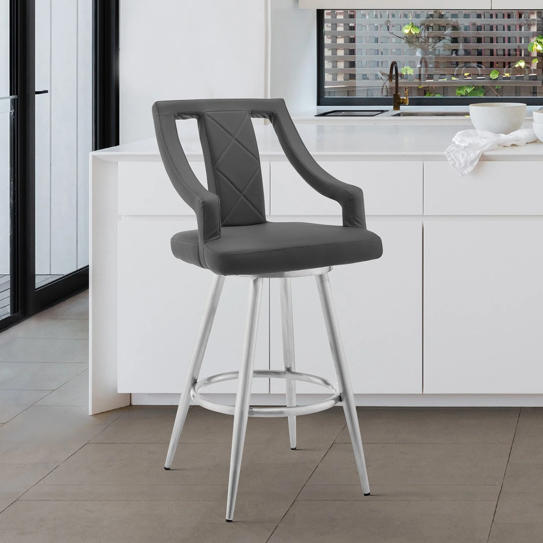 Maxen 26" Gray Faux Leather and Brushed Stainless Steel Swivel Bar Stool - Image 8